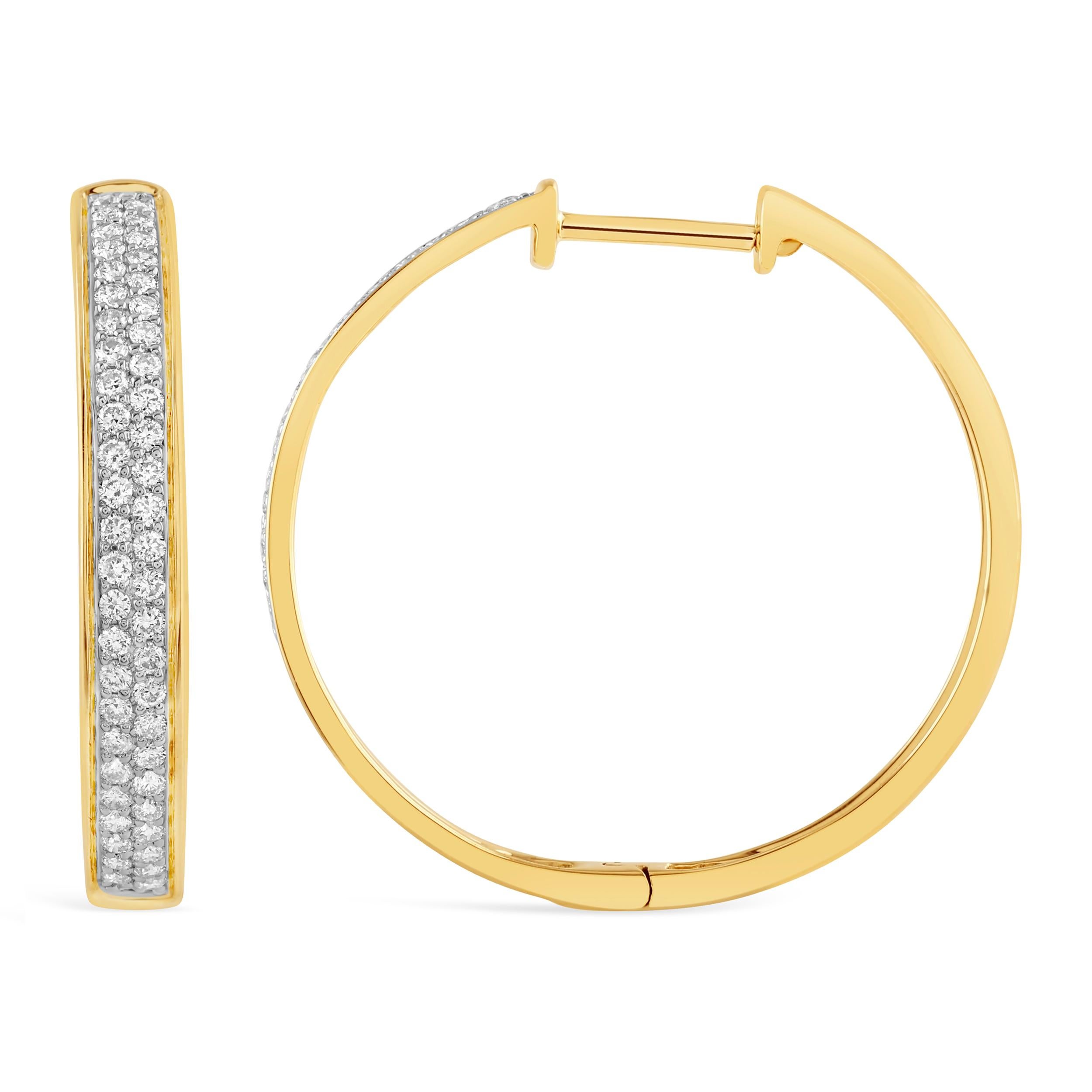 14K Yellow Gold Two Row Diamond Hoop Earrings In New Condition For Sale In New York, NY