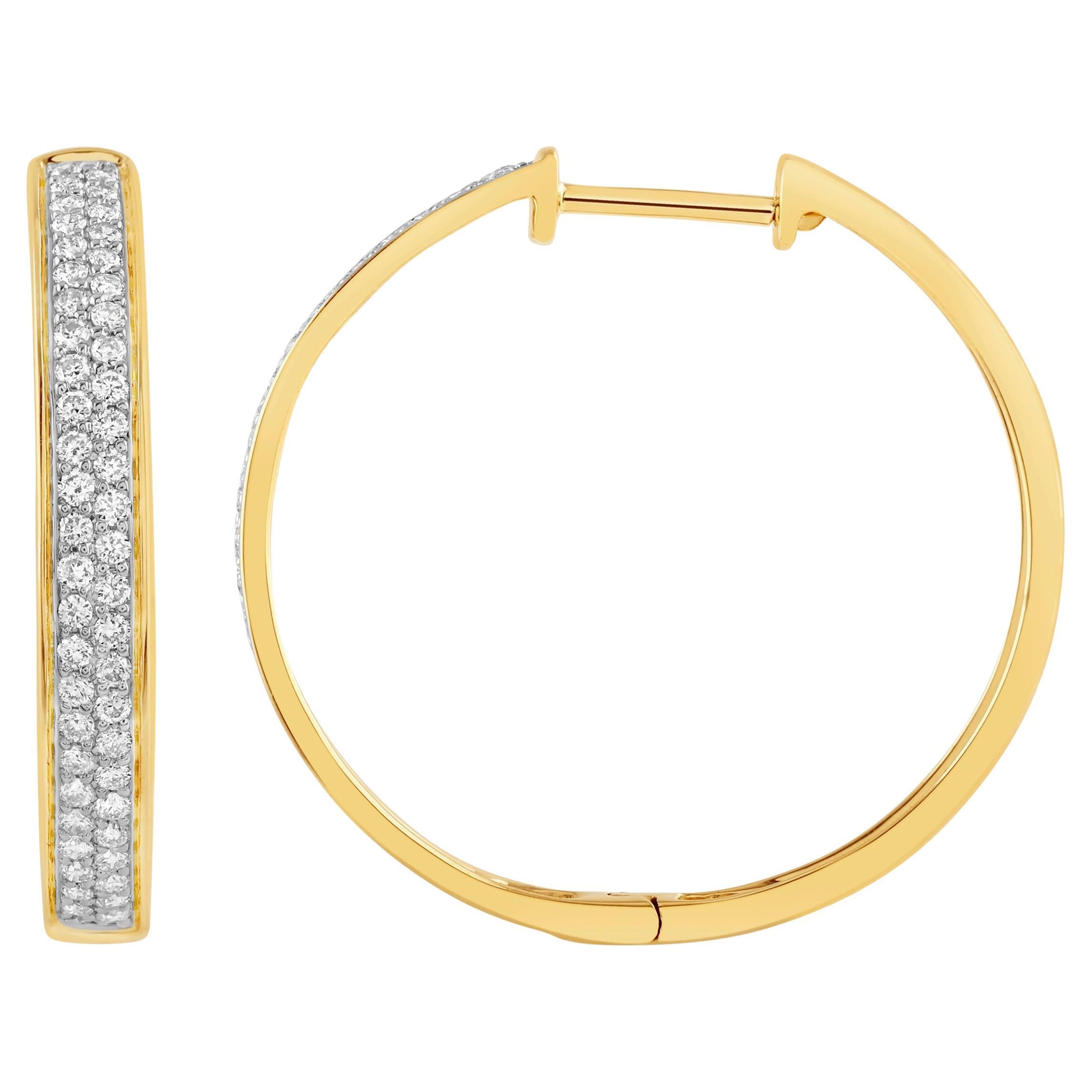 14K Yellow Gold Two Row Diamond Hoop Earrings For Sale