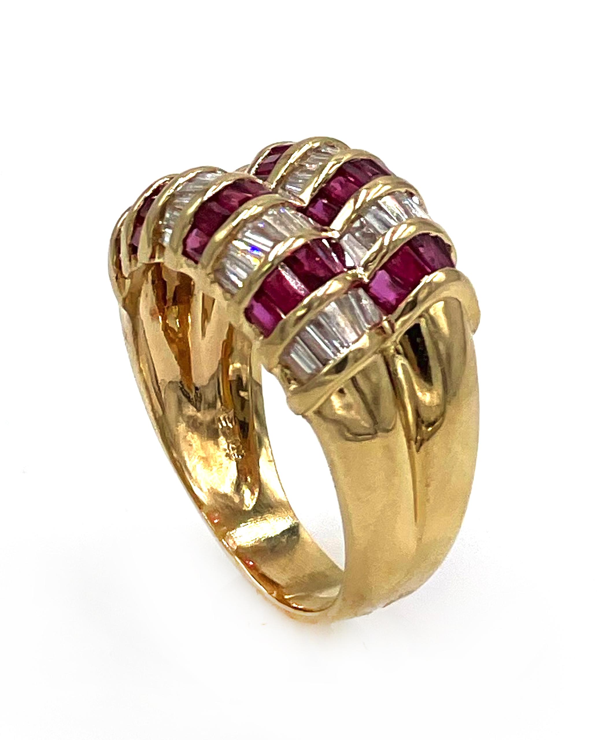 14K yellow gold ring with two rows of alternating baguette cut diamonds and rubies.

- Finger size 7.5
- Rubies weigh 2.29 carats total weight.
- Diamonds weigh 2.30 carats total weight.
- Diamonds are G/H color, VS2/SI1 clarity.
- Approximately