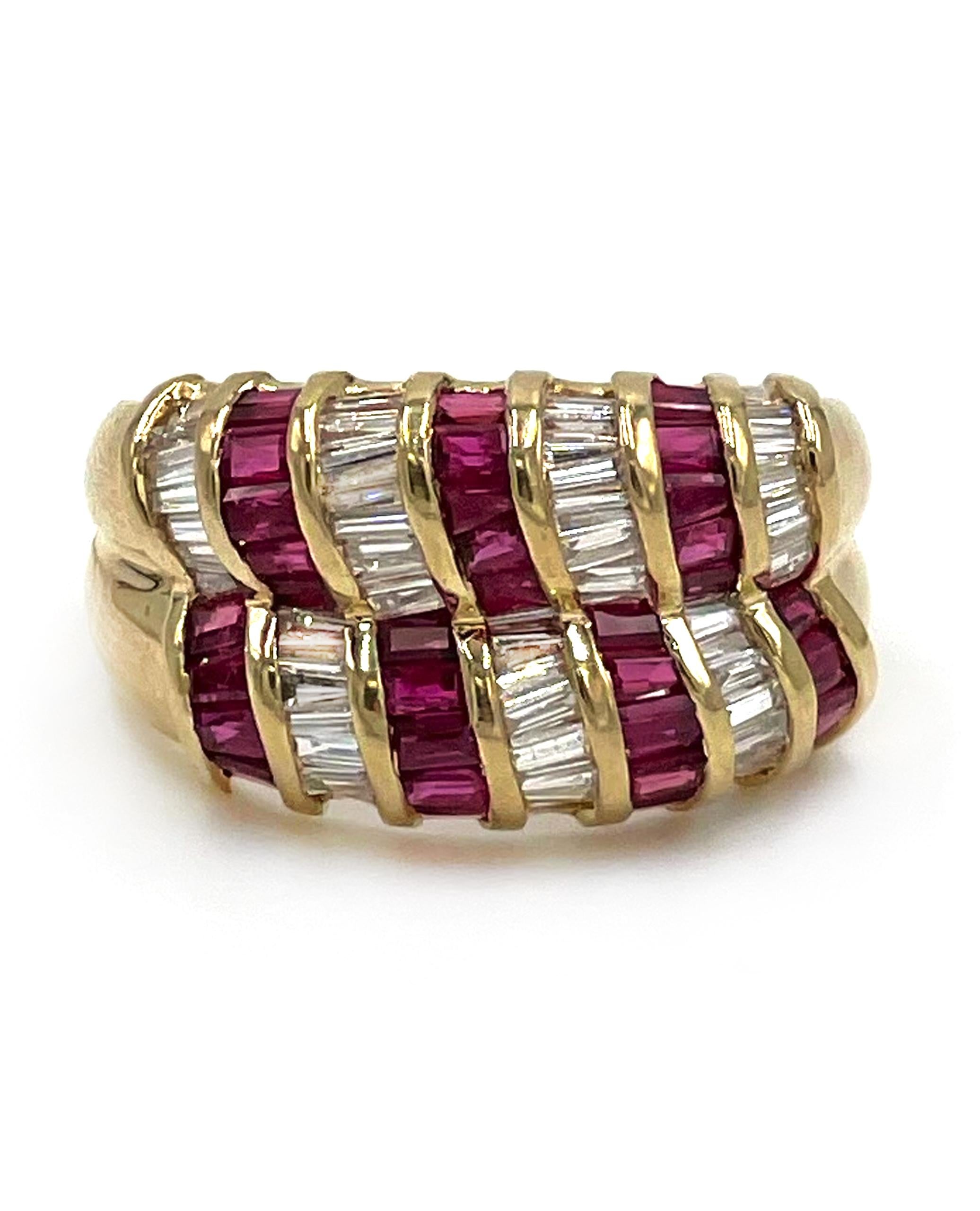 Contemporary 14K Yellow Gold Two Row Ruby and Diamond Baguette Right Hand Ring For Sale