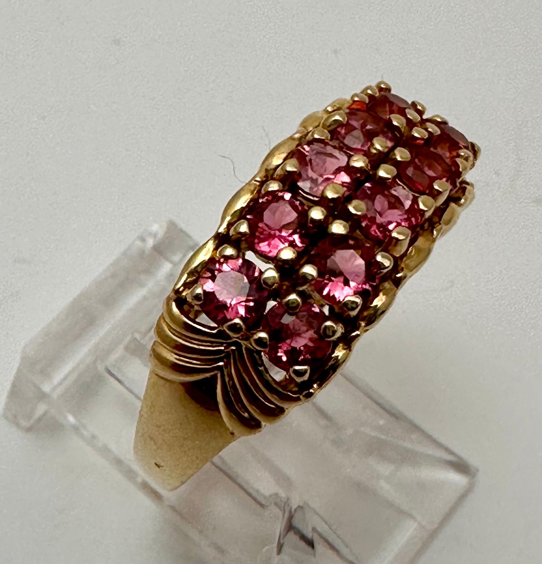 Modern 14k Yellow Gold ~ Two Rows of Rubies ~ 3mm Round Shape Ruby Ring Size  7 1/4 For Sale