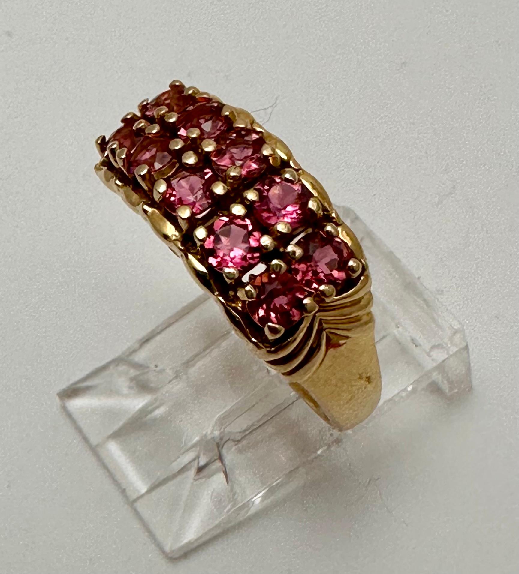 Round Cut 14k Yellow Gold ~ Two Rows of Rubies ~ 3mm Round Shape Ruby Ring Size  7 1/4 For Sale