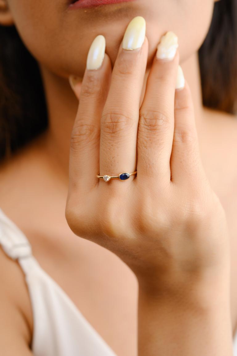 For Sale:  14k Solid Yellow Gold Dainty Blue Sapphire and Diamond Everyday Ring 5
