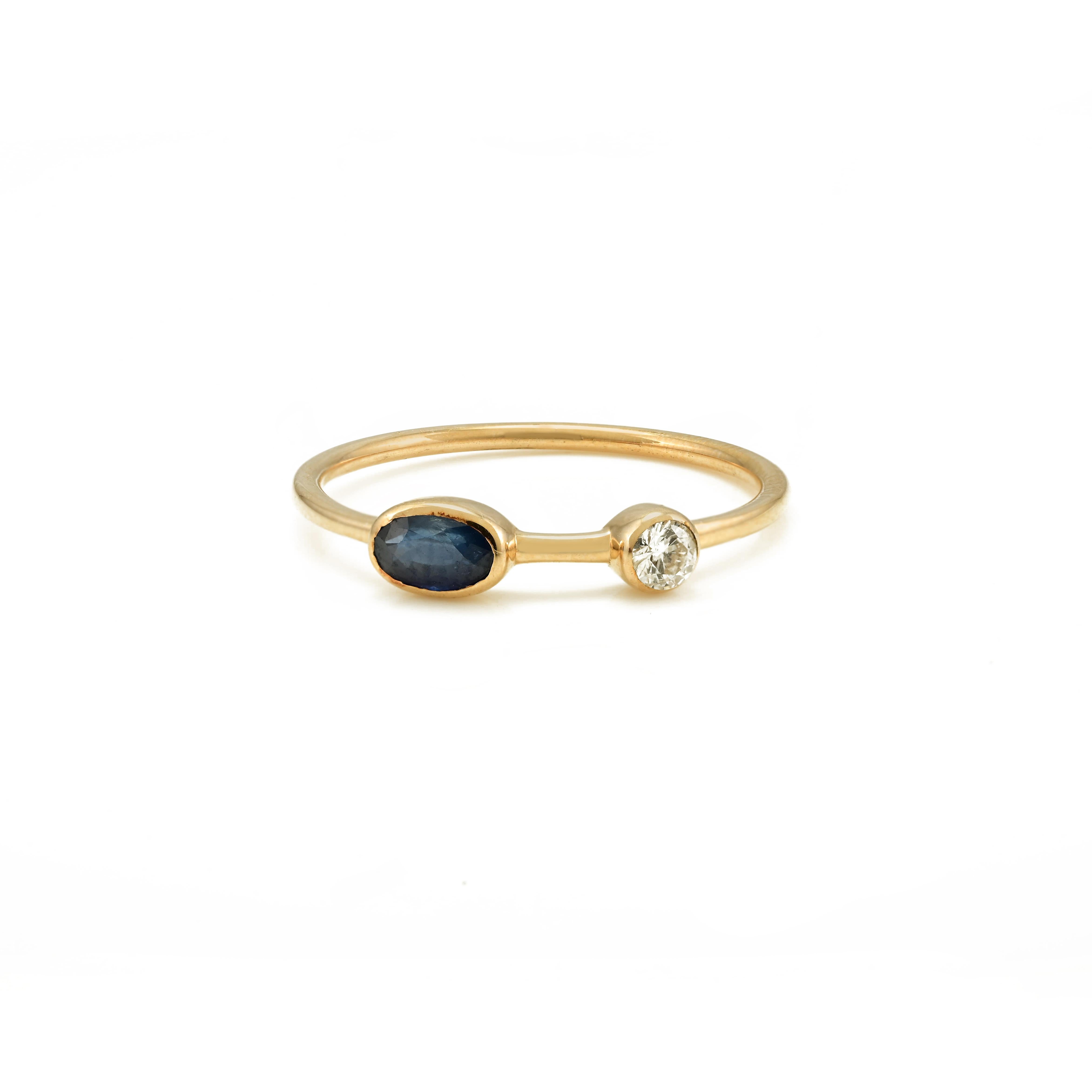 For Sale:  14k Solid Yellow Gold Dainty Blue Sapphire and Diamond Everyday Ring 6