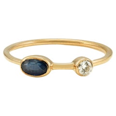 14k Solid Yellow Gold Dainty Blue Sapphire and Diamond Everyday Ring