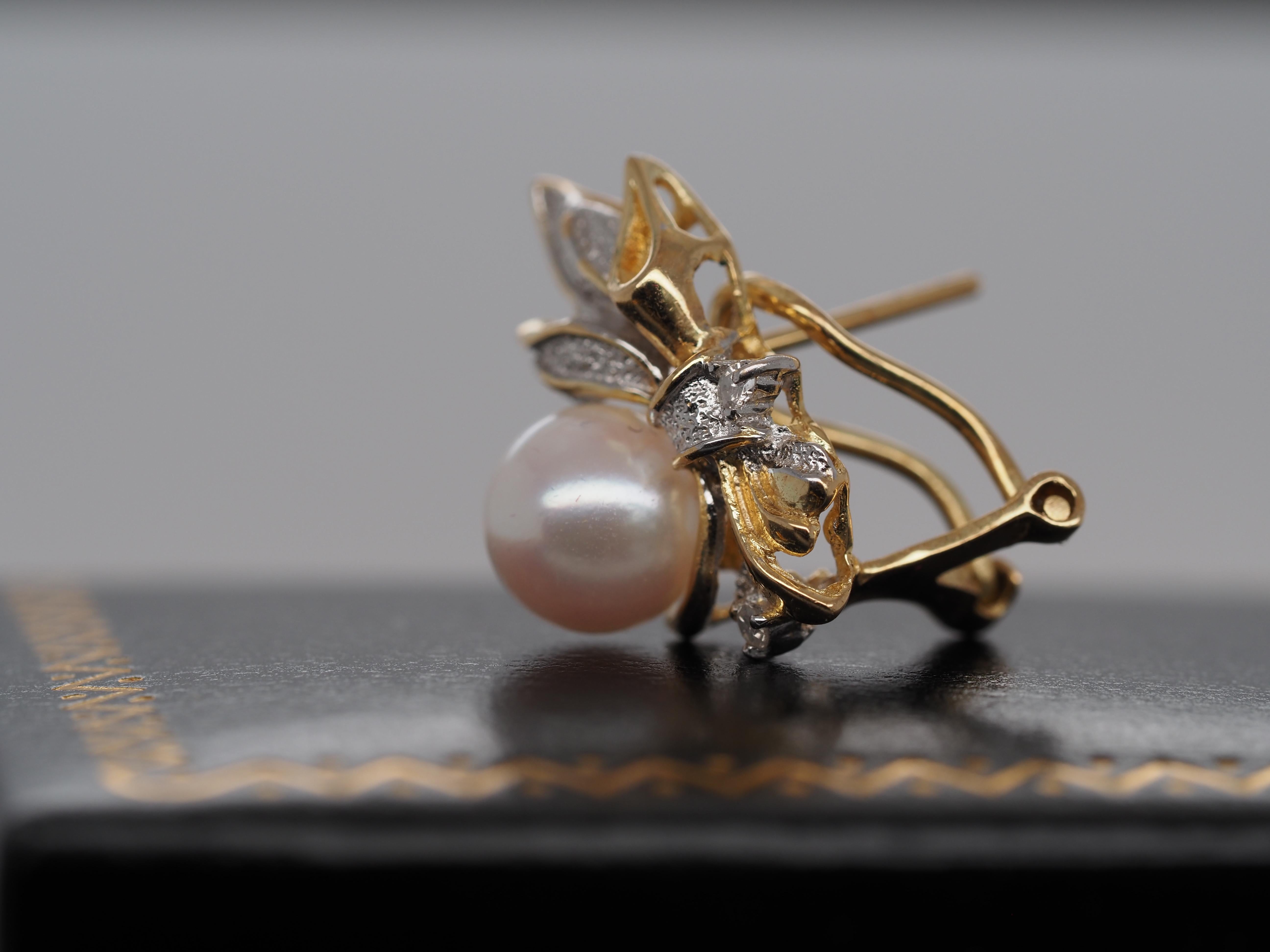 Contemporary 14k Yellow Gold Two Tone Pearl and Diamond Earrings For Sale