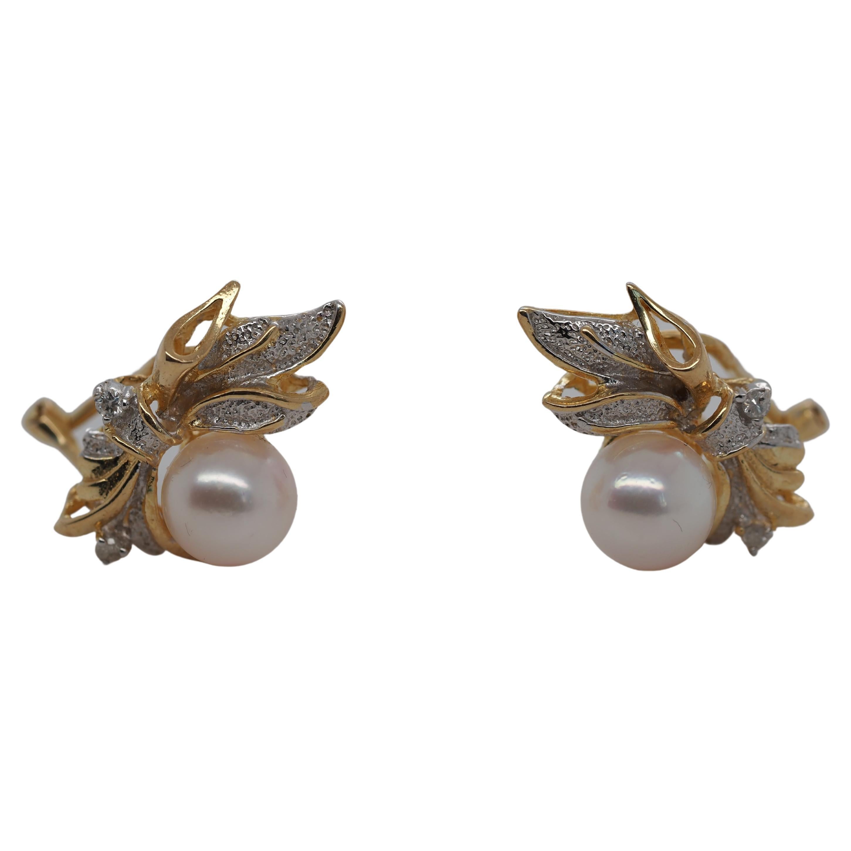 14k Yellow Gold Two Tone Pearl and Diamond Earrings For Sale