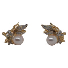 Vintage 14k Yellow Gold Two Tone Pearl and Diamond Earrings