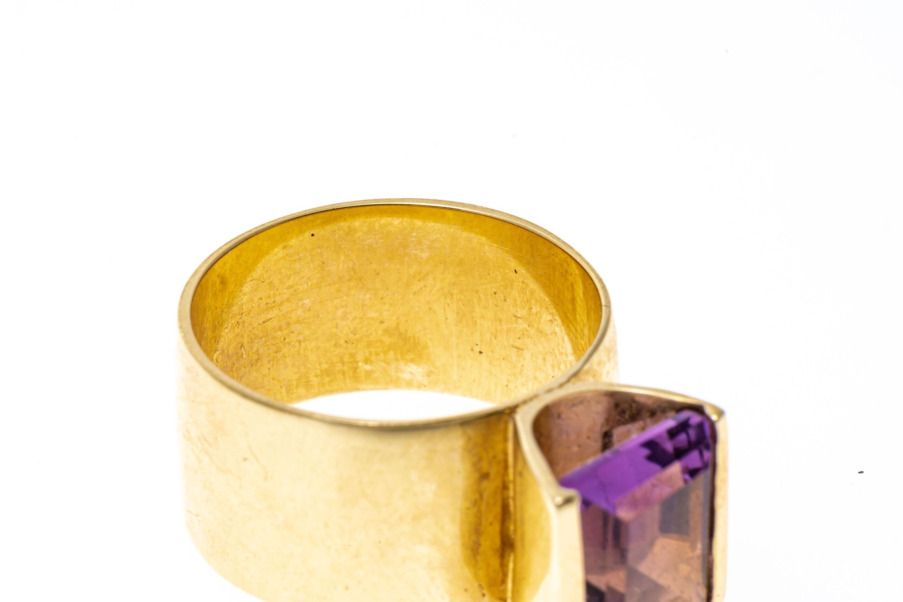 Emerald Cut 14k Yellow Gold Ultra Contemporary Wide Ring Set with Rectangular Amethyst Top For Sale