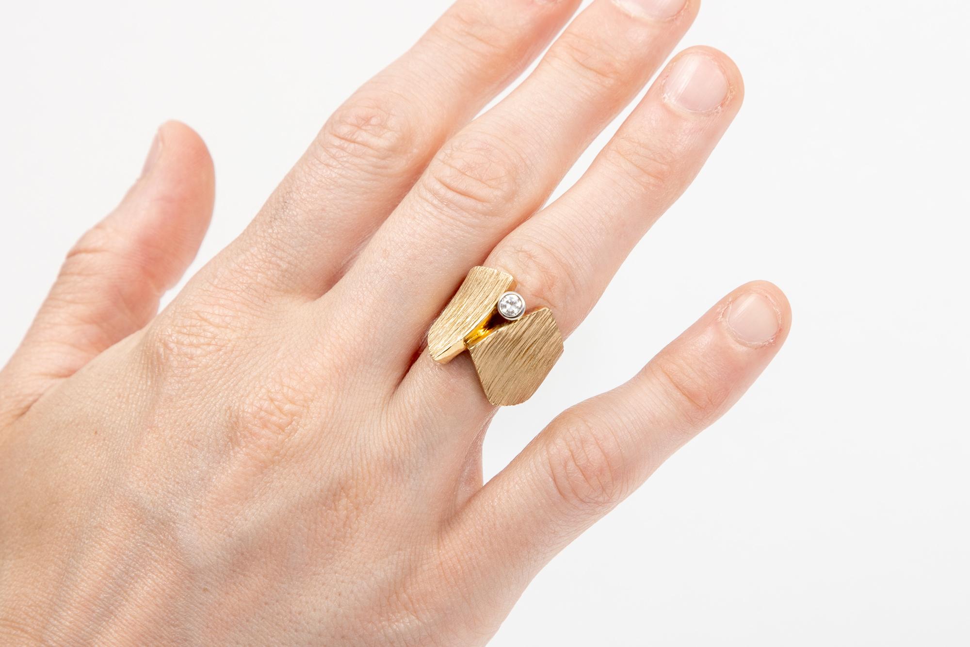 14k Yellow Gold Ultra Wide Bark Finished Ring with CZ Brilliant For Sale 4