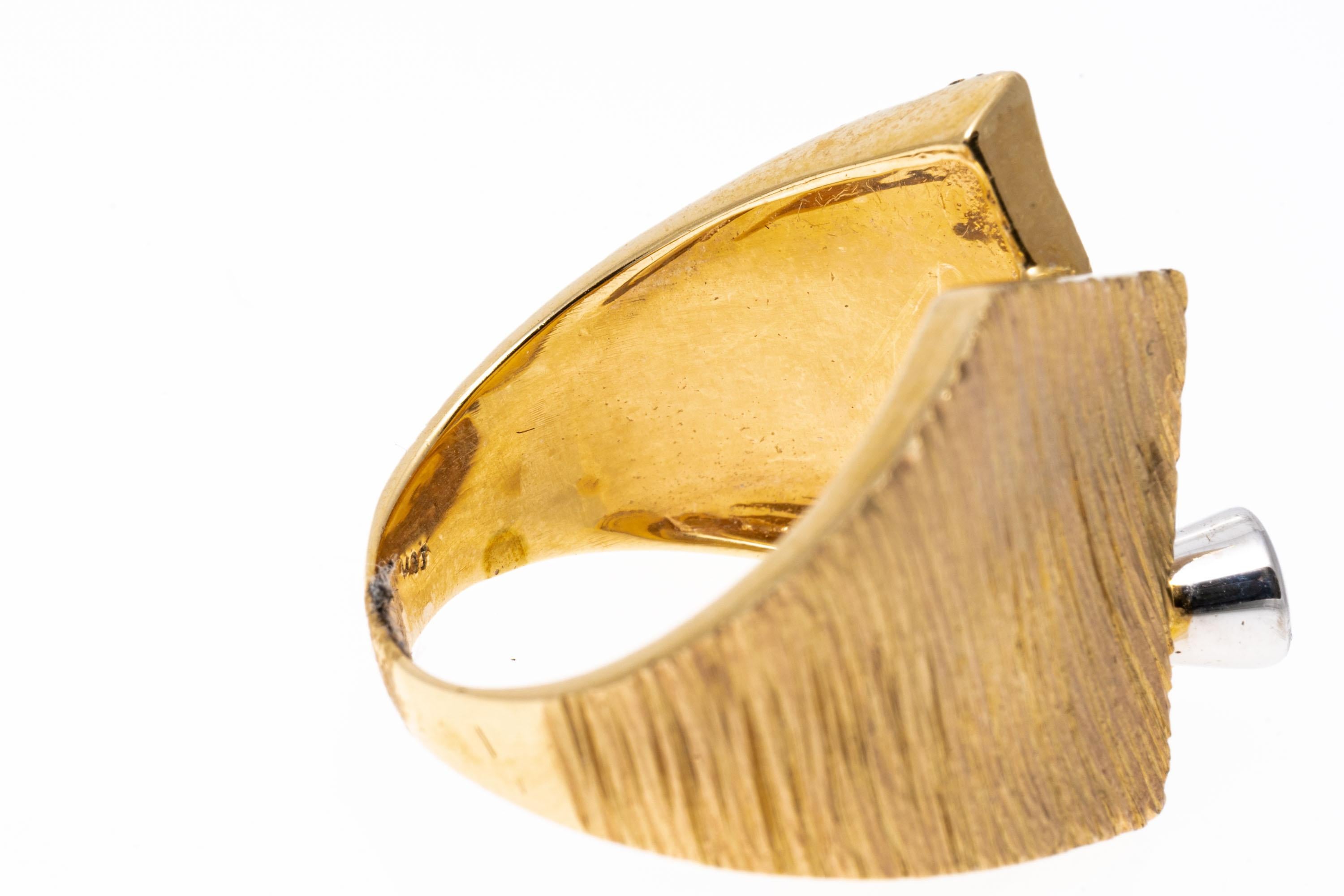 Round Cut 14k Yellow Gold Ultra Wide Bark Finished Ring with CZ Brilliant For Sale