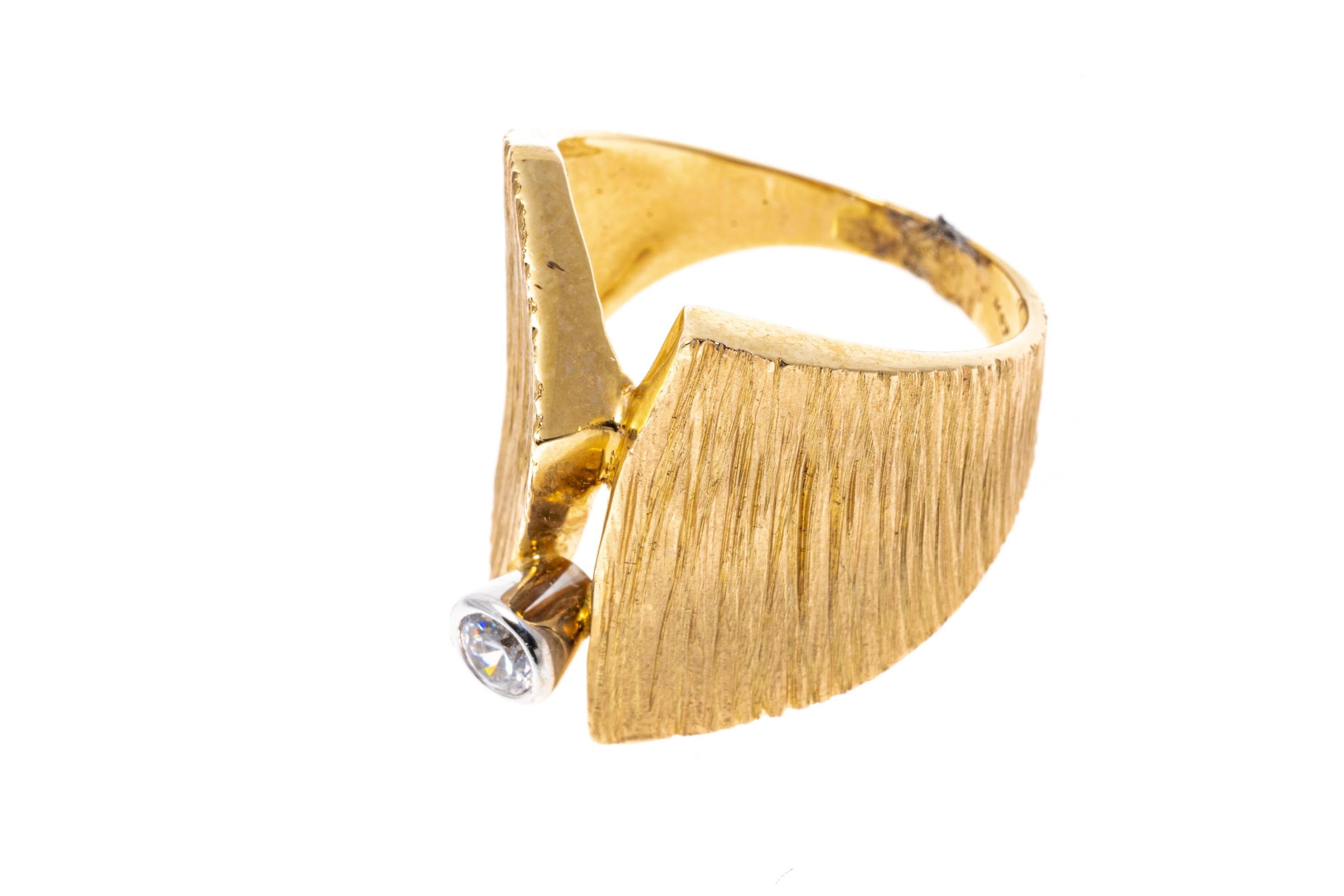 14k Yellow Gold Ultra Wide Bark Finished Ring with CZ Brilliant For Sale 1