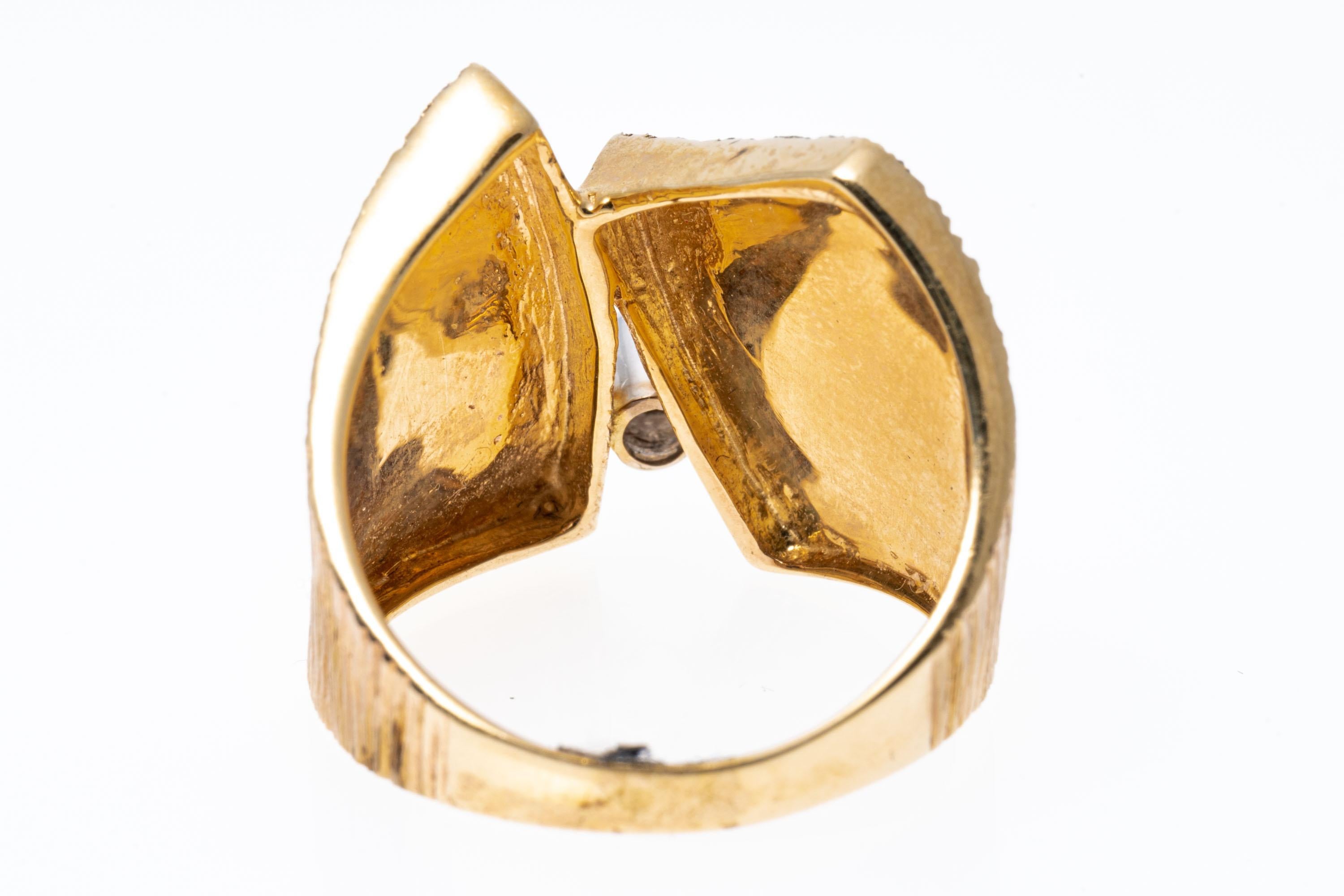 14k Yellow Gold Ultra Wide Bark Finished Ring with CZ Brilliant For Sale 3
