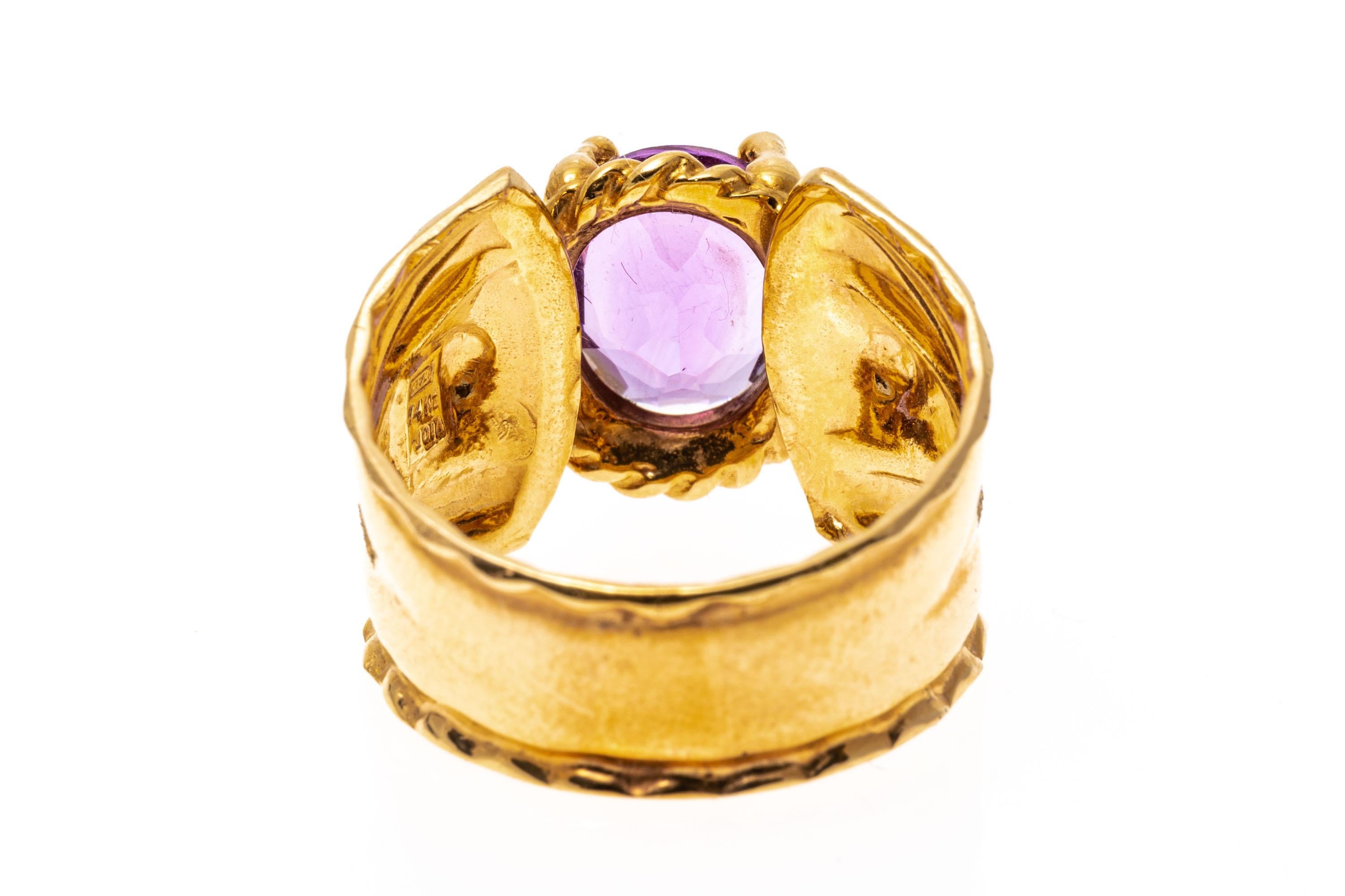 Oval Cut 14k Yellow Gold Ultra Wide Decorative Oval Amethyst Ring For Sale