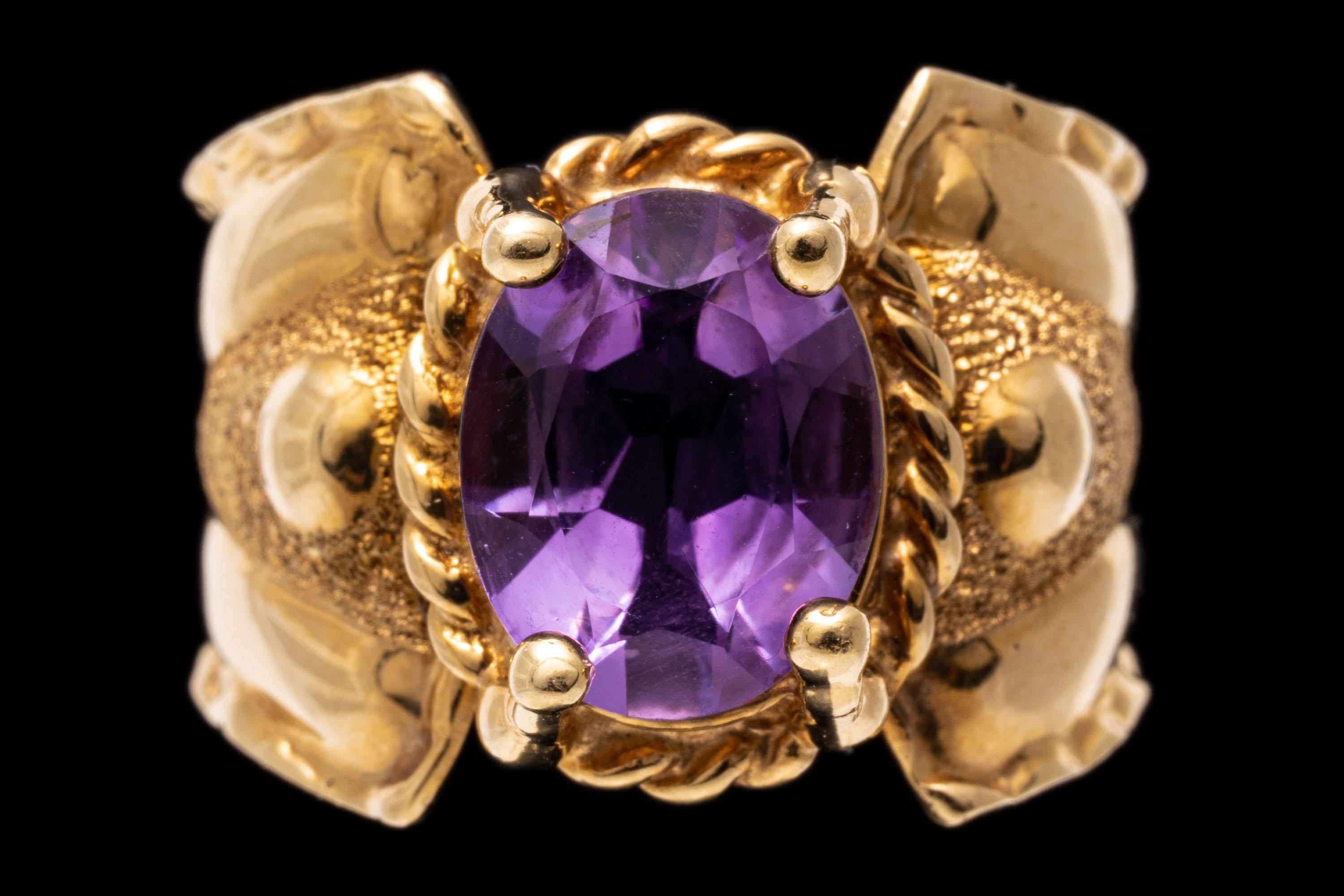 14k Yellow Gold Ultra Wide Decorative Oval Amethyst Ring For Sale 3