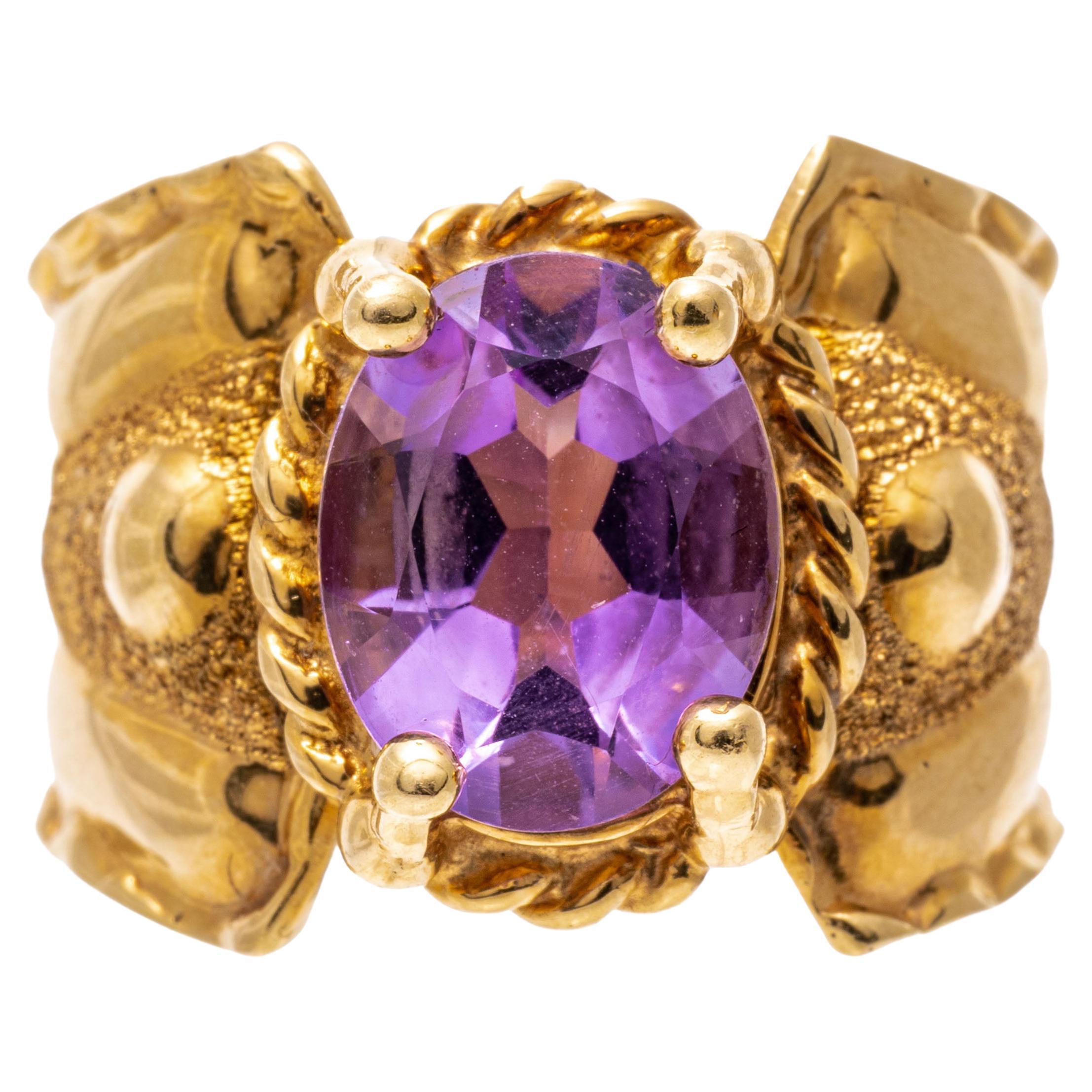 14k Yellow Gold Ultra Wide Decorative Oval Amethyst Ring For Sale