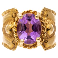 14k Yellow Gold Ultra Wide Decorative Oval Amethyst Ring