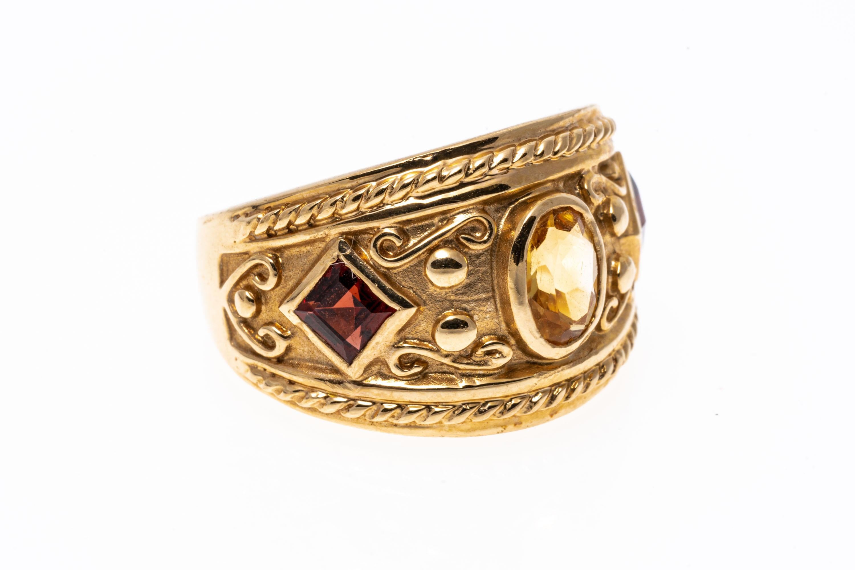 14 Karat Gelbgold Kuppelring mit ultra breitem Granat und Citrin (Ovalschliff)