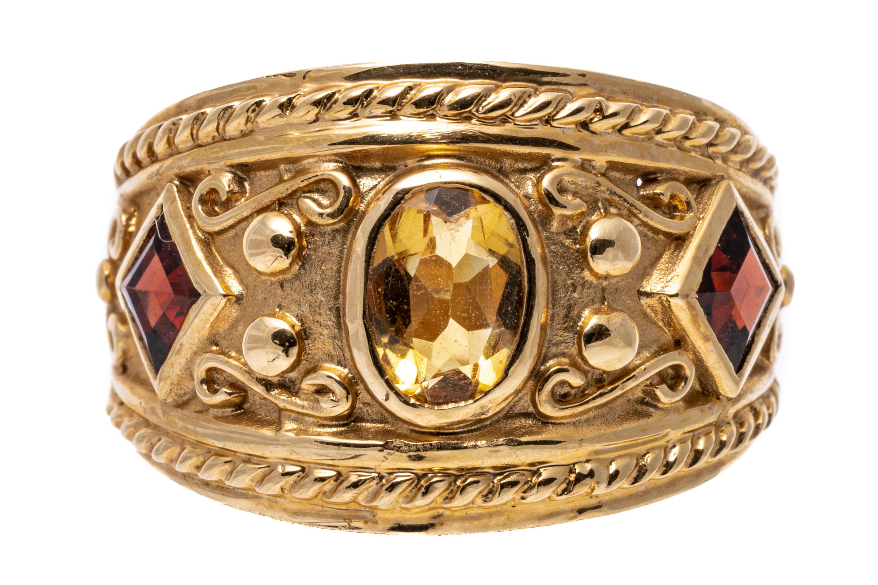 14 Karat Gelbgold Kuppelring mit ultra breitem Granat und Citrin im Zustand „Gut“ in Fairfield, CT