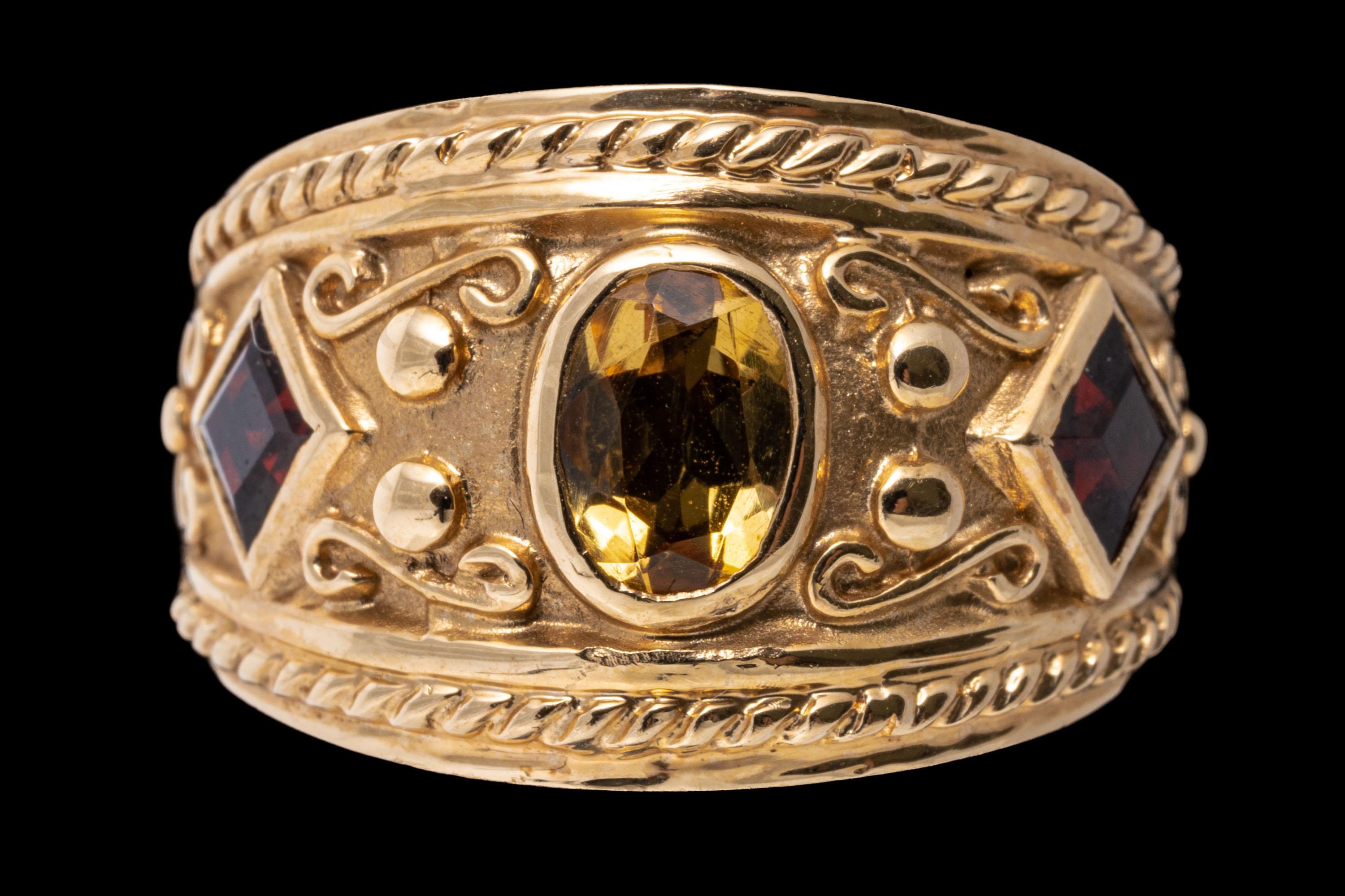 14 Karat Gelbgold Kuppelring mit ultra breitem Granat und Citrin 1