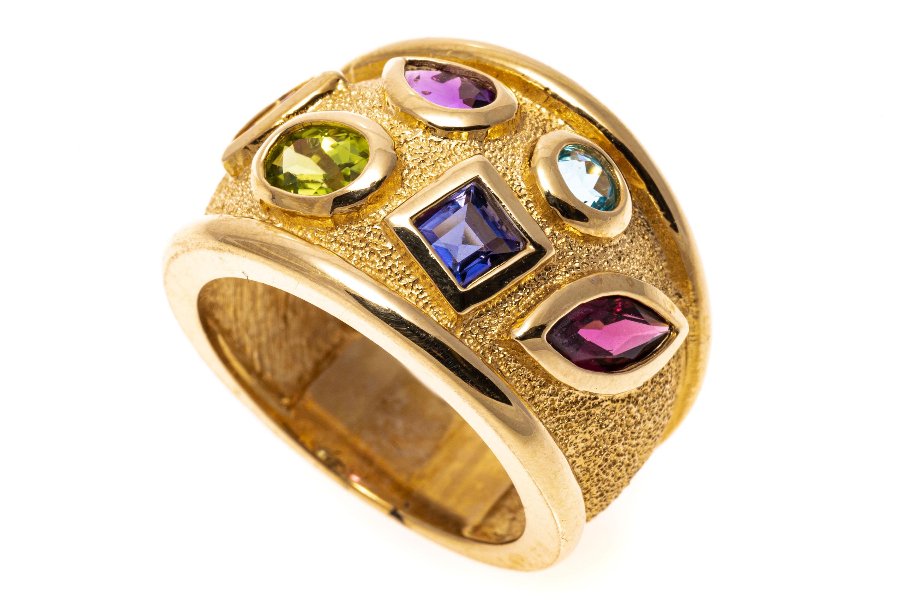 Modern 14k Yellow Gold Ultra Wide Multi Color Faceted Gemstone Ring
