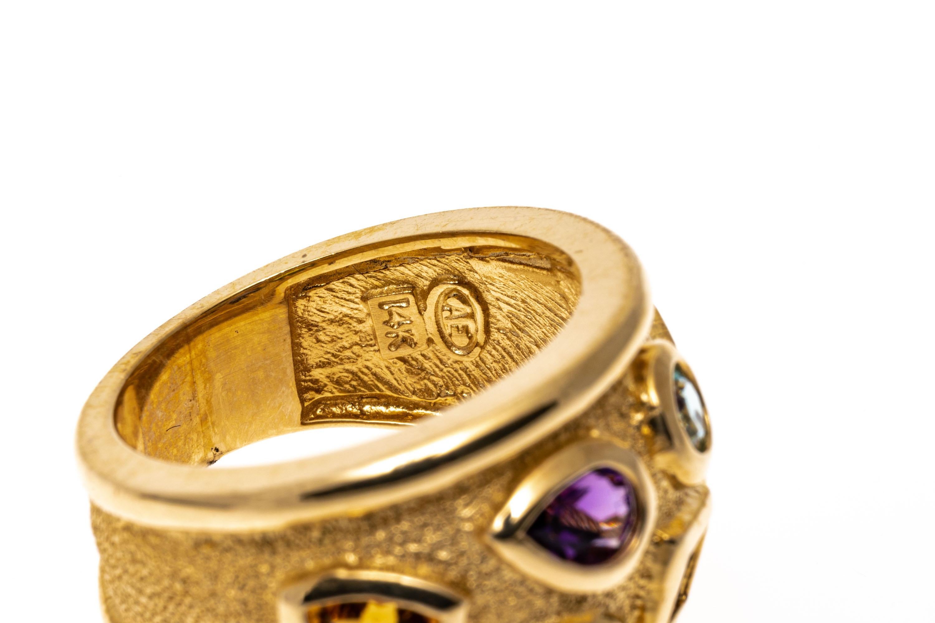 Round Cut 14k Yellow Gold Ultra Wide Multi Color Faceted Gemstone Ring