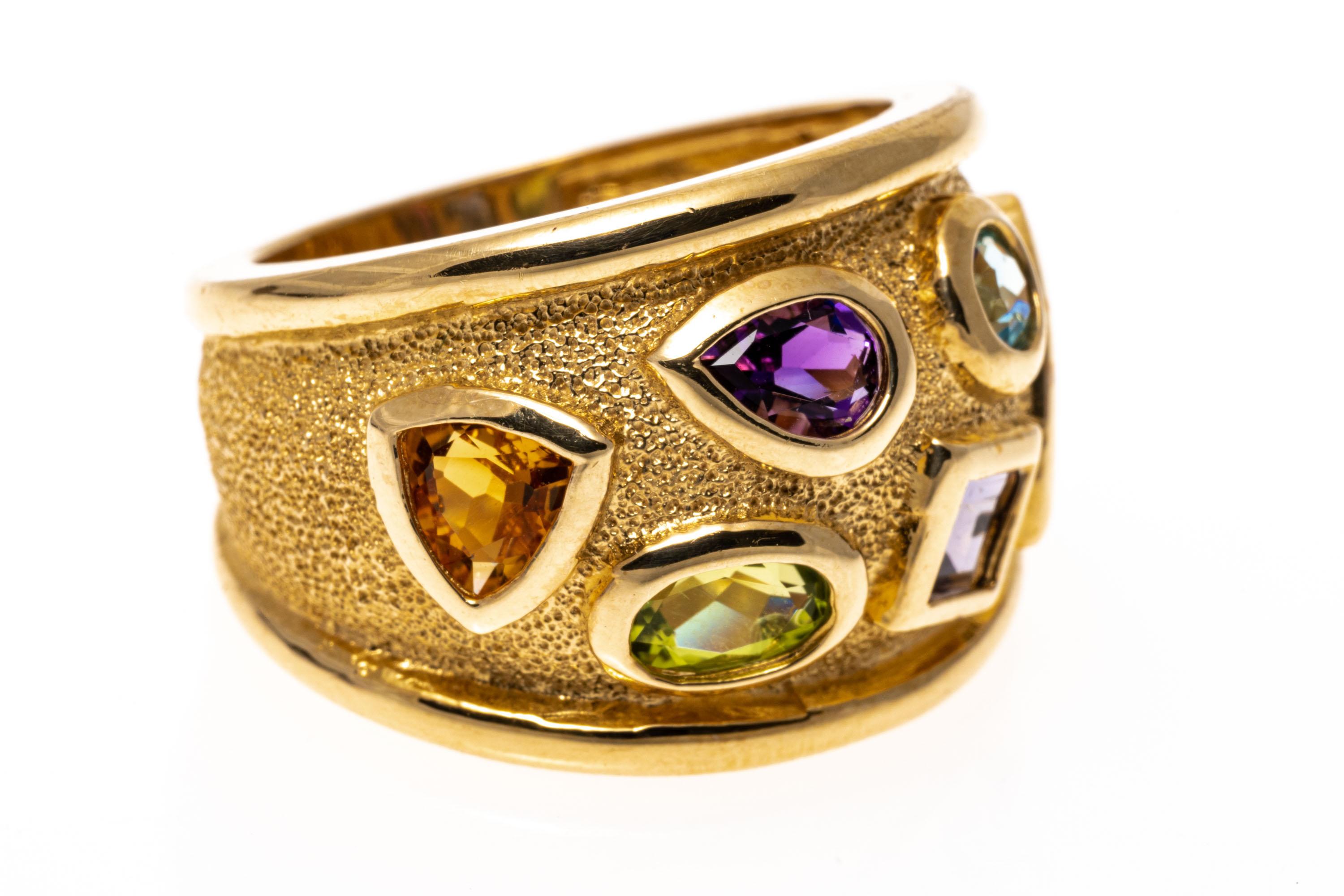 14k Yellow Gold Ultra Wide Multi Color Faceted Gemstone Ring In Good Condition In Fairfield, CT