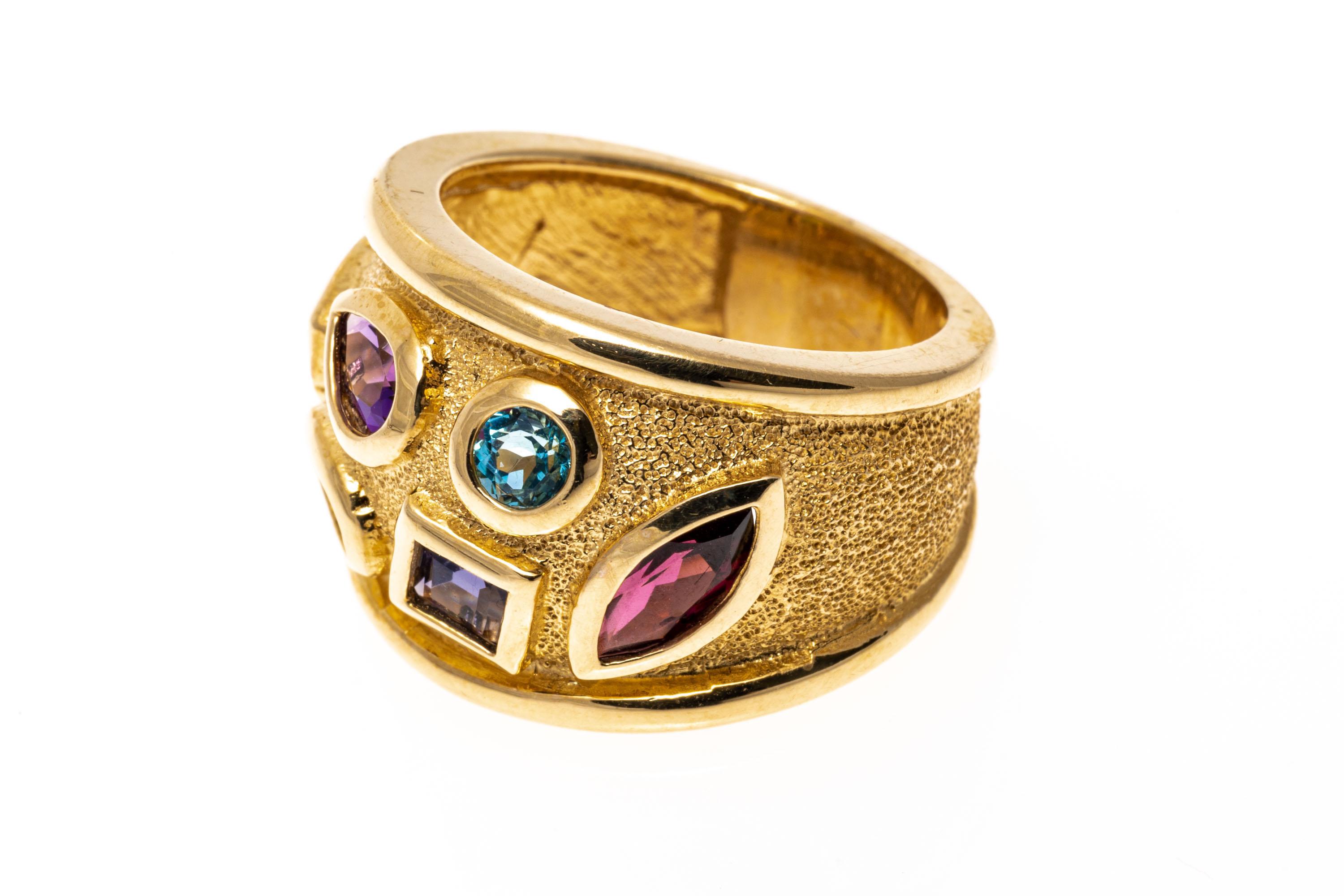 14k Yellow Gold Ultra Wide Multi Color Faceted Gemstone Ring 2