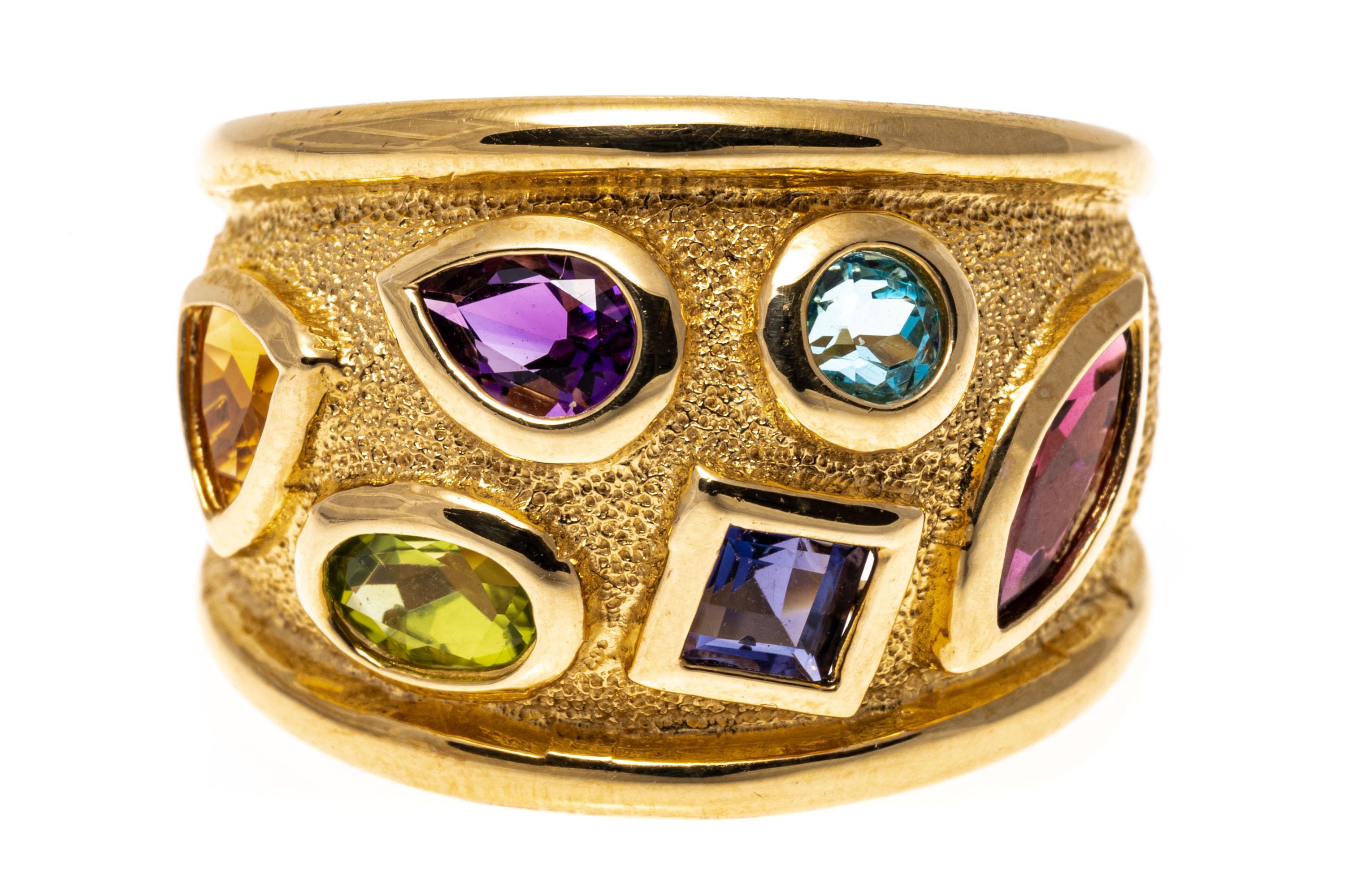 14k Yellow Gold Ultra Wide Multi Color Faceted Gemstone Ring 3
