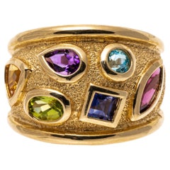 14k Yellow Gold Ultra Wide Multi Color Faceted Gemstone Ring