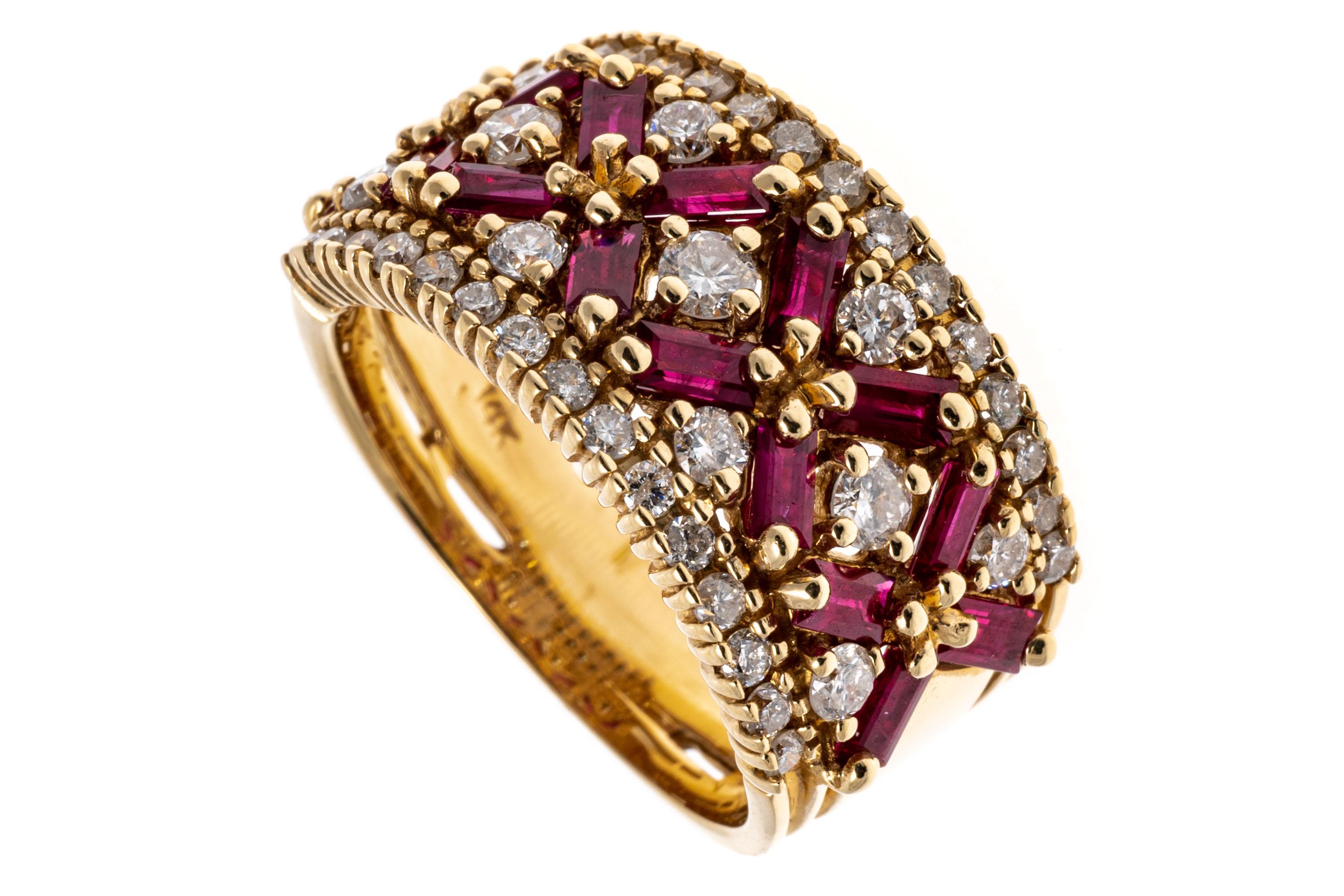 Baguette Cut 14k Yellow Gold Ultra Wide Ruby and Diamond 