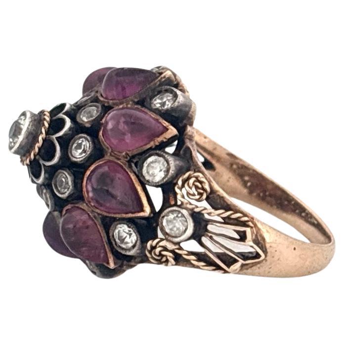 Anillo único de oro amarillo de 14 quilates con granate pera de 4,00 quilates y cuarzo redondo de 0,50 quilates Retro en venta
