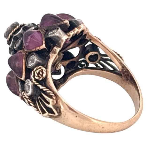 Femenino o masculino Anillo único de oro amarillo de 14 quilates con granate pera de 4,00 quilates y cuarzo redondo de 0,50 quilates en venta