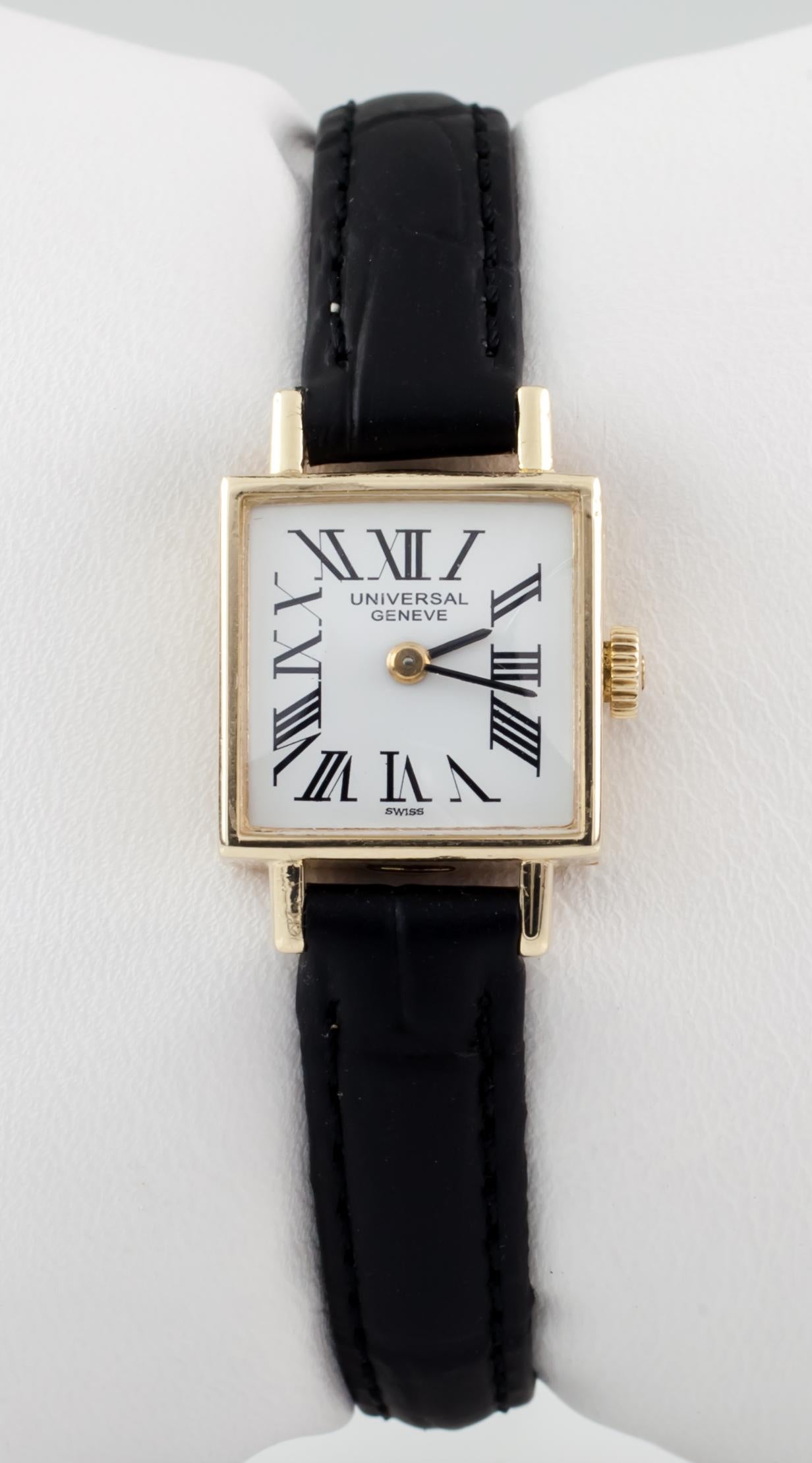 14k Yellow Gold Universal Geneve Women's Square Hand-Winding Watch

Movement #04
Case #4266-17134

14k Yellow Gold Square Case
17 mm Wide (18 mm w/ Crown)
16 mm Long
Lug-to-Lug Distance = 24 mm
Lug-to-Lug Width = 9 mm
Thickness = 7 mm

White Dial w/