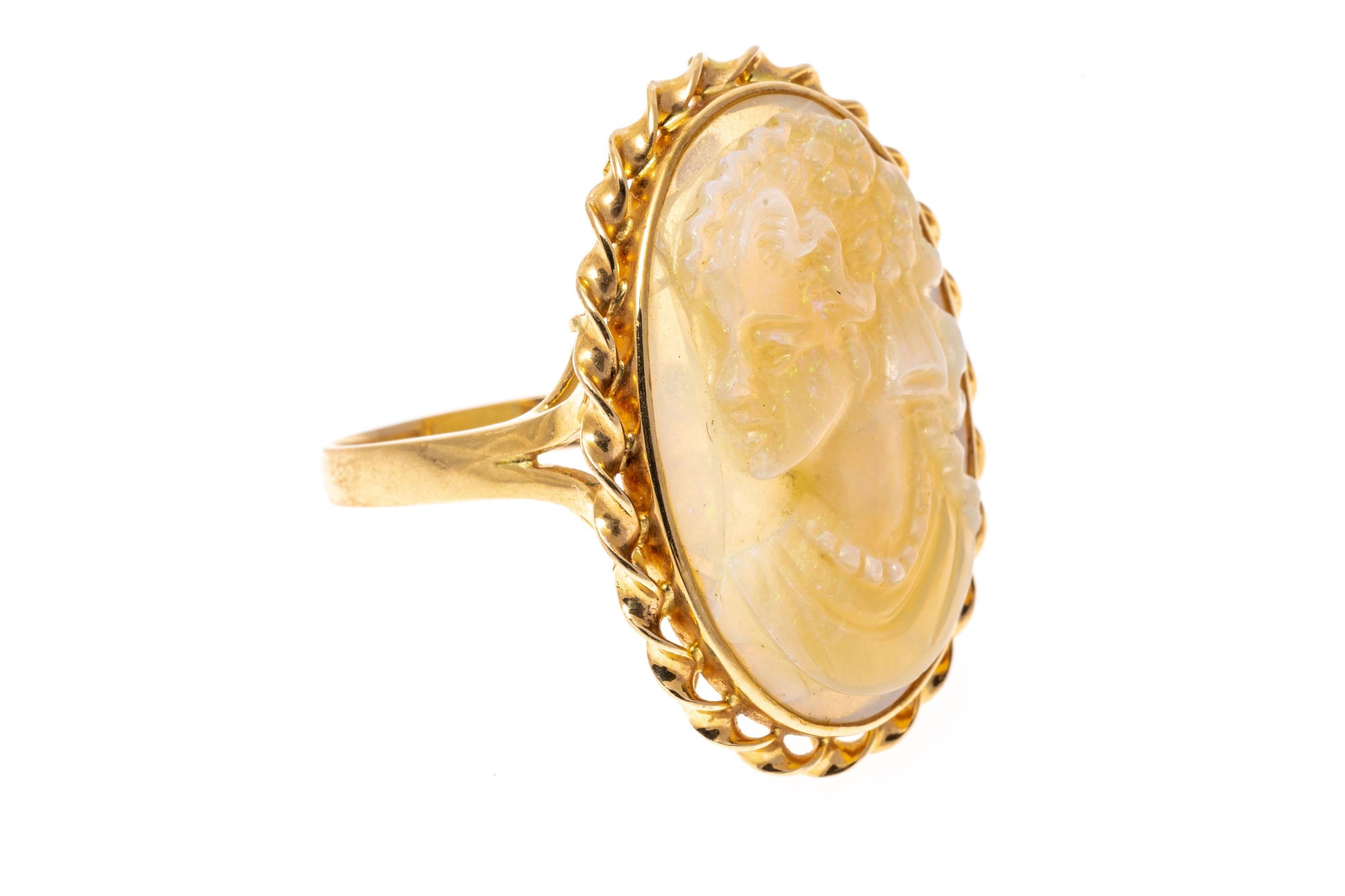 Retro 14k Yellow Gold Unusual Left Facing Oval Opal Cameo Ring For Sale