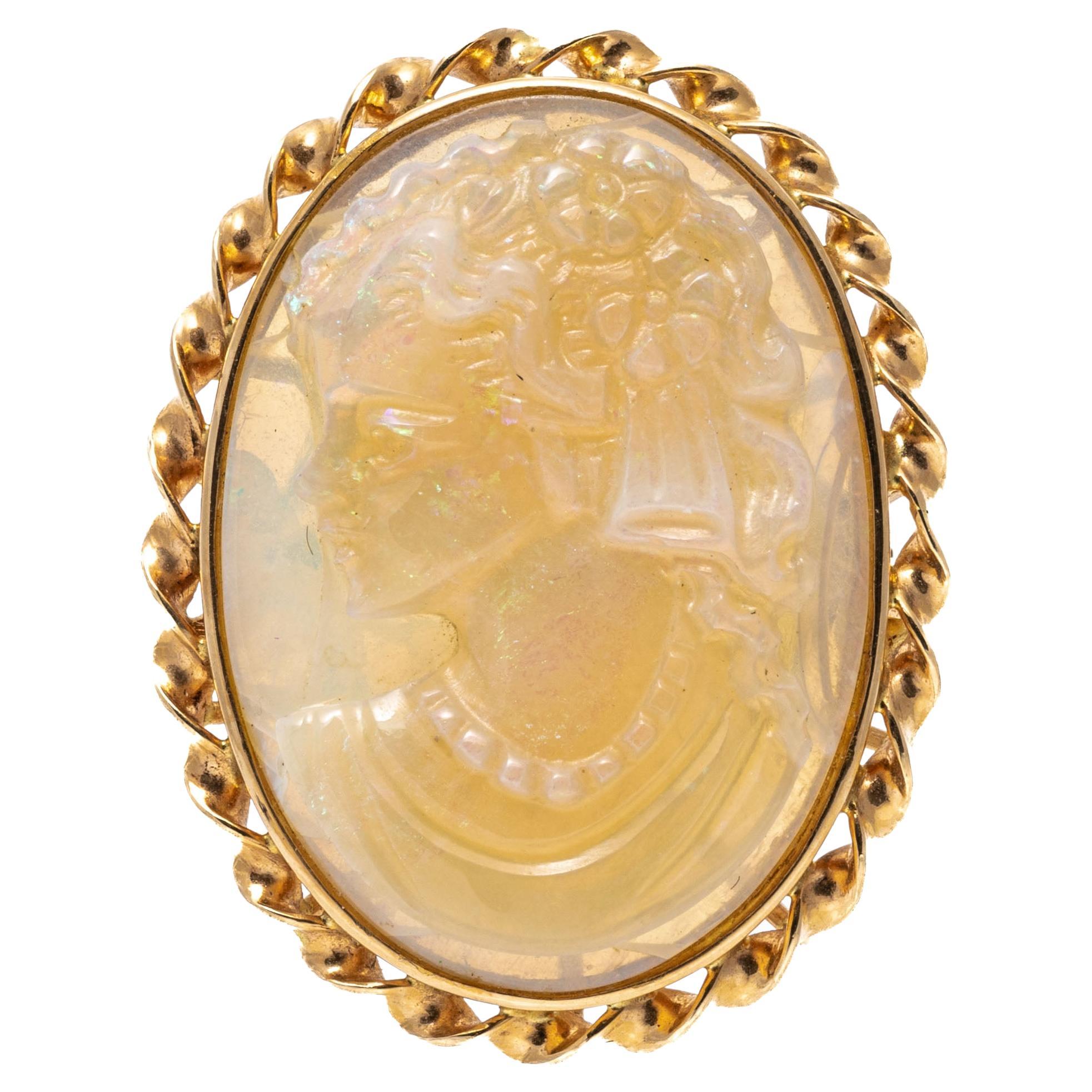 14k Yellow Gold Unusual Left Facing Oval Opal Cameo Ring For Sale