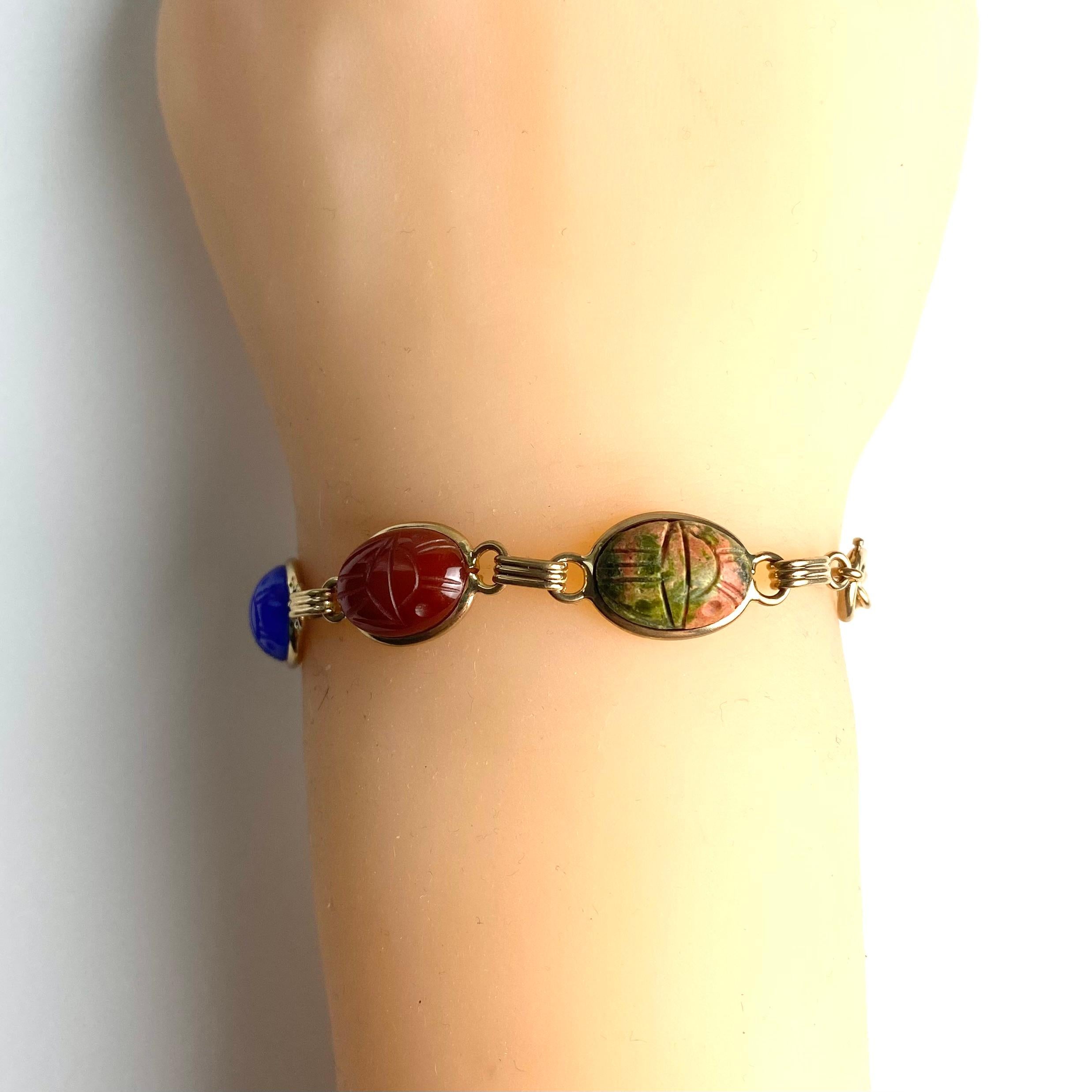 14K Yellow Gold Vibrant Carved Gemstones Scarab Bracelet 7 Inch For Sale 6