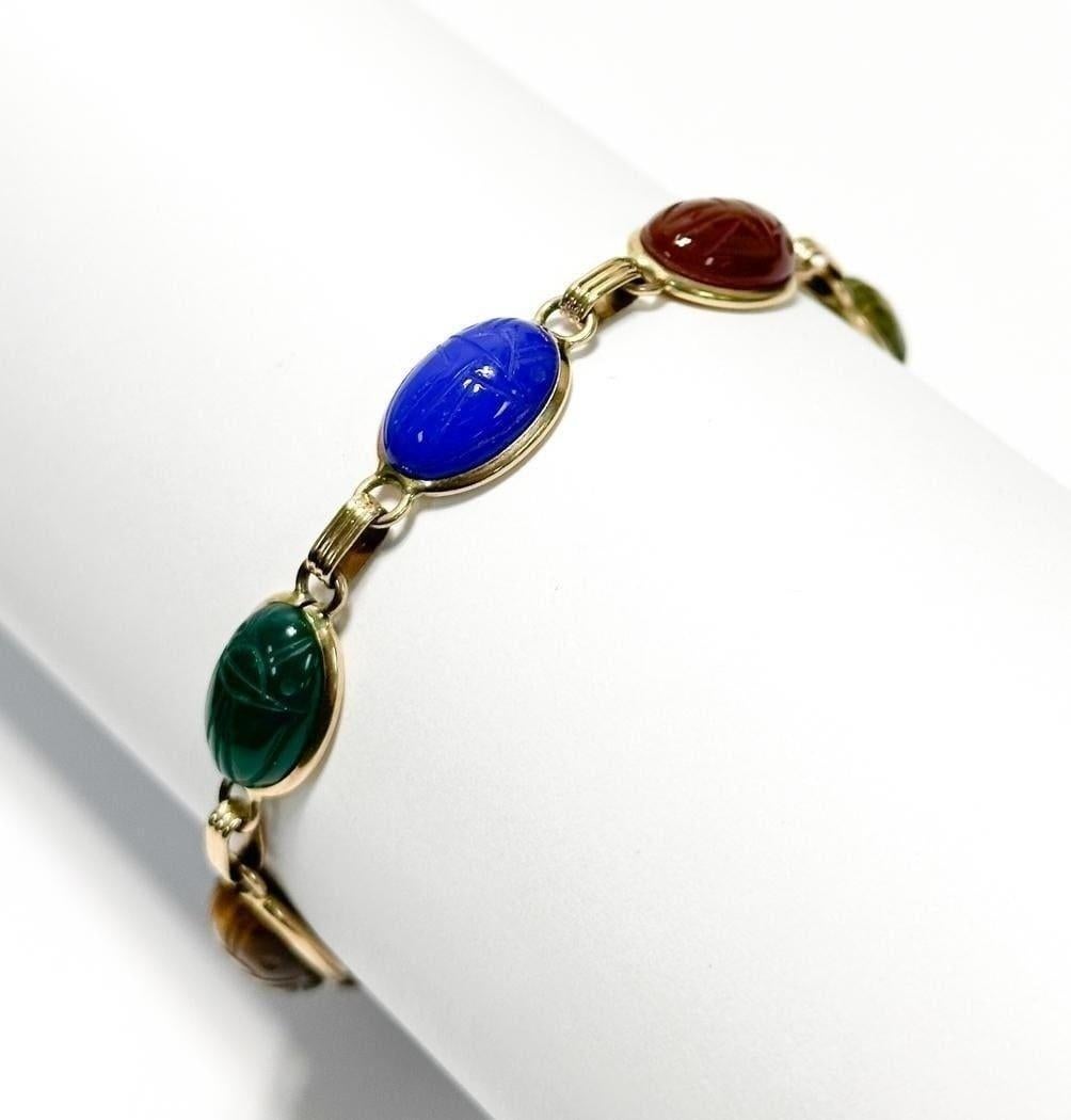 14K Yellow Gold Vibrant Carved Gemstones Scarab Bracelet 7 Inch For Sale 7