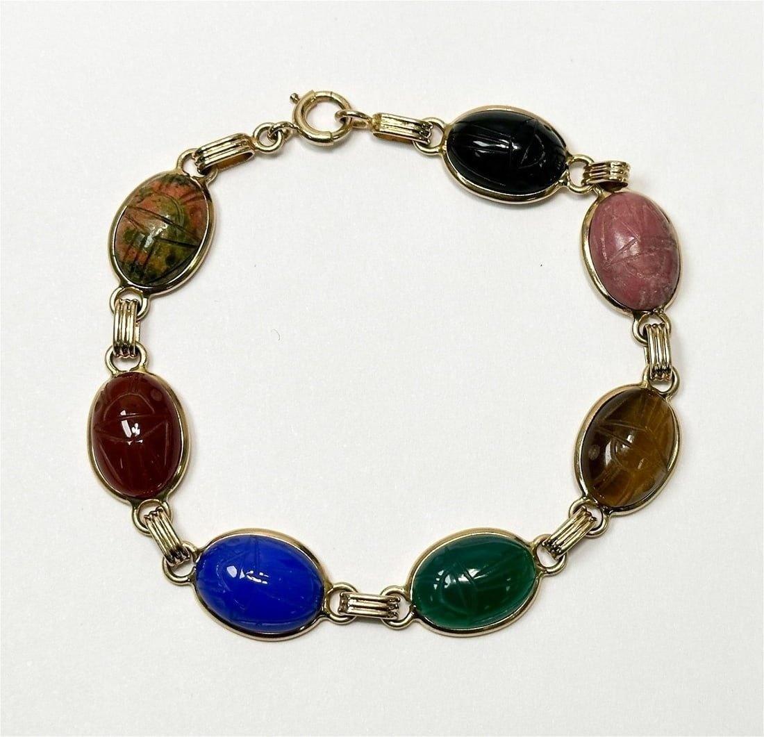 14K Yellow Gold Vibrant Carved Gemstones Scarab Bracelet 7 Inch For Sale 8