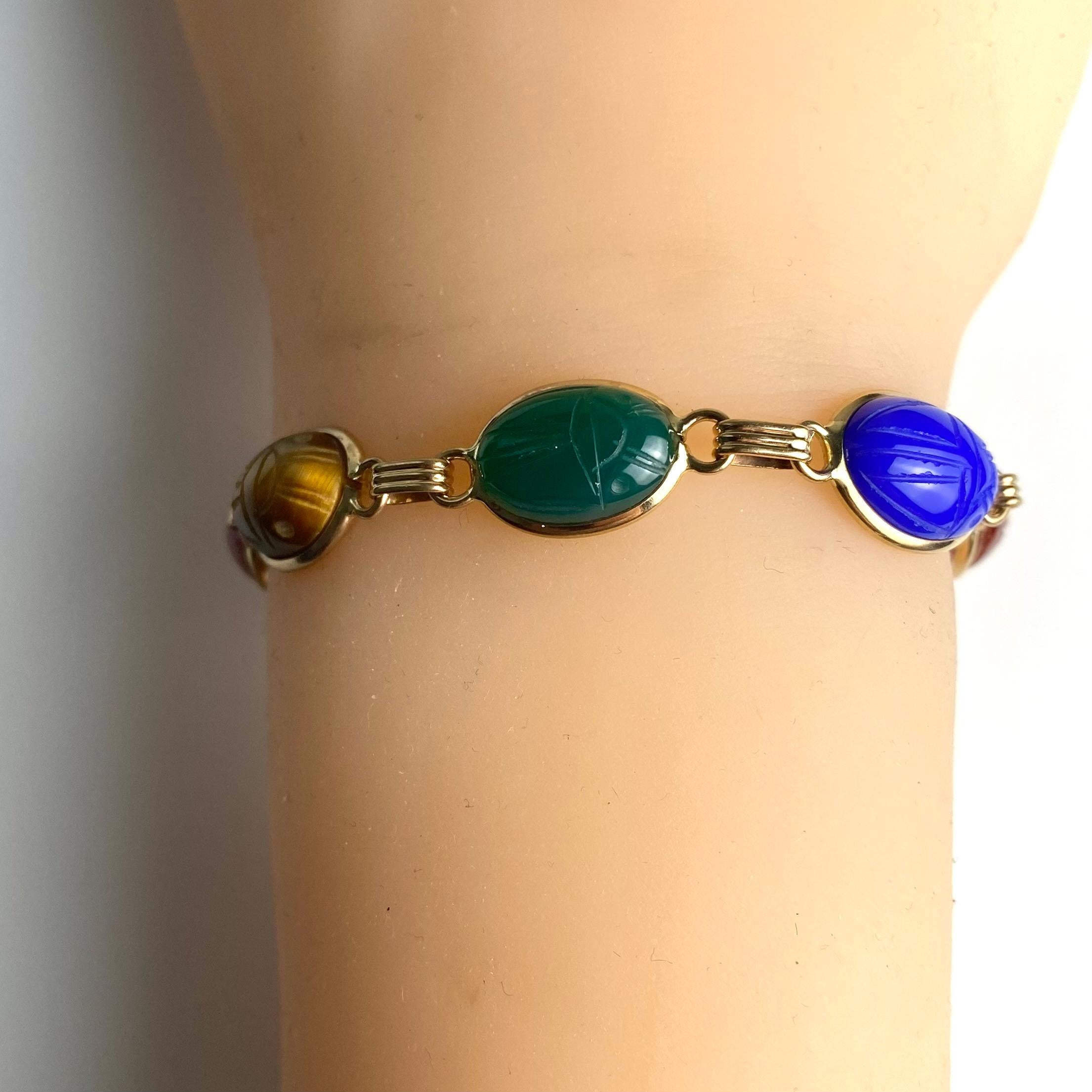 14K Yellow Gold Vibrant Carved Gemstones Scarab Bracelet 7 Inch For Sale 9
