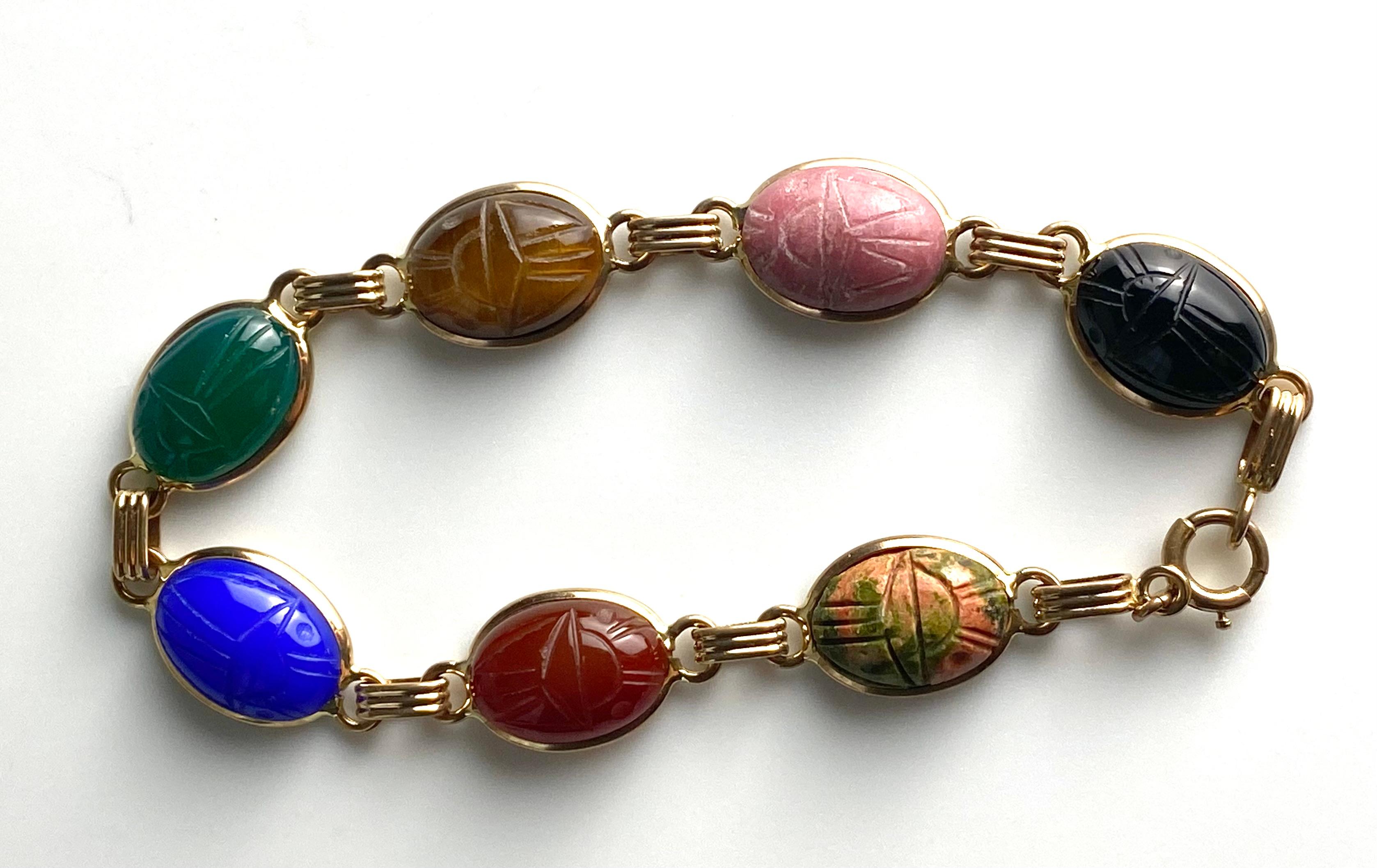 14K Yellow Gold Vibrant Carved Gemstones Scarab Bracelet 7 Inch For Sale 3