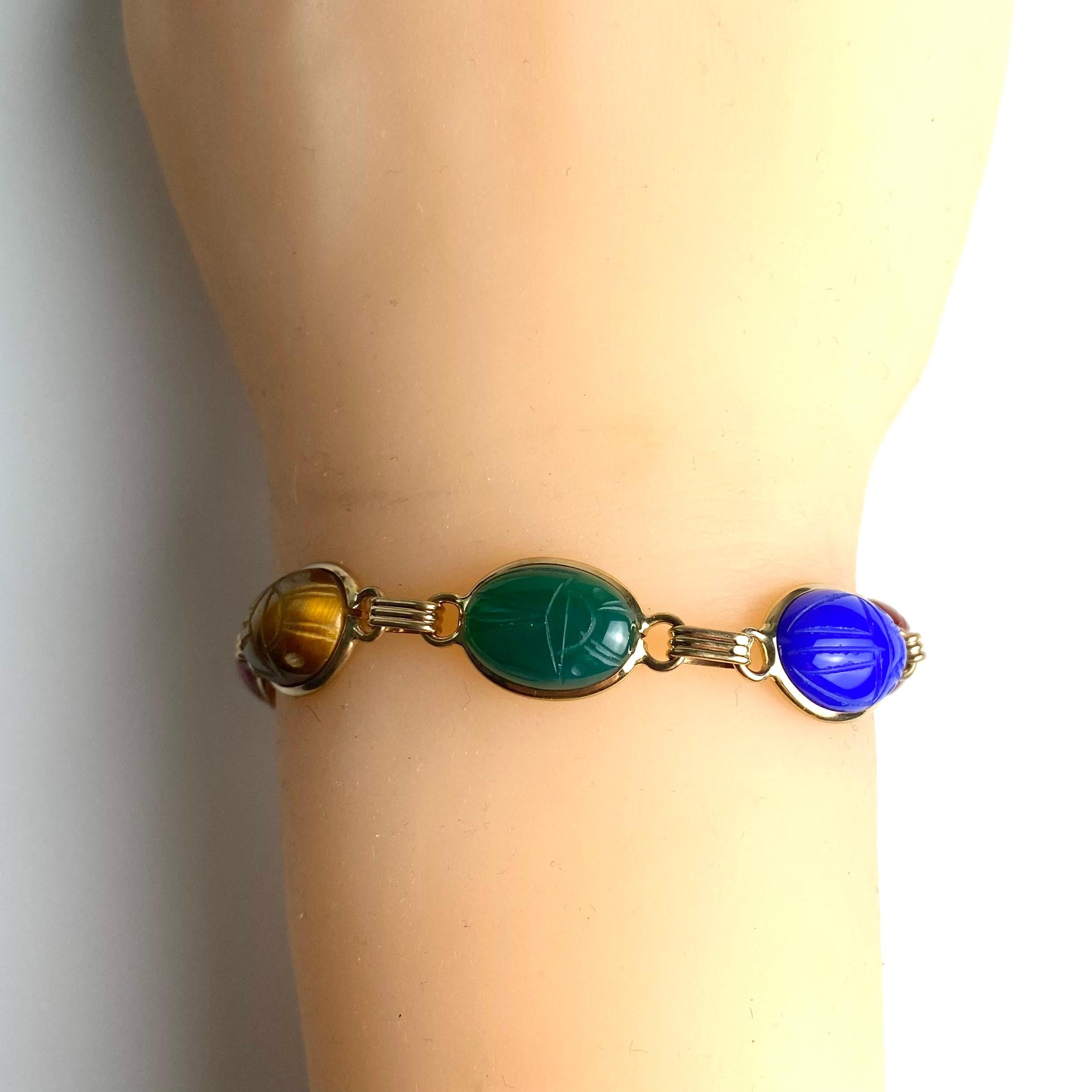 14K Yellow Gold Vibrant Carved Gemstones Scarab Bracelet 7 Inch For Sale 4