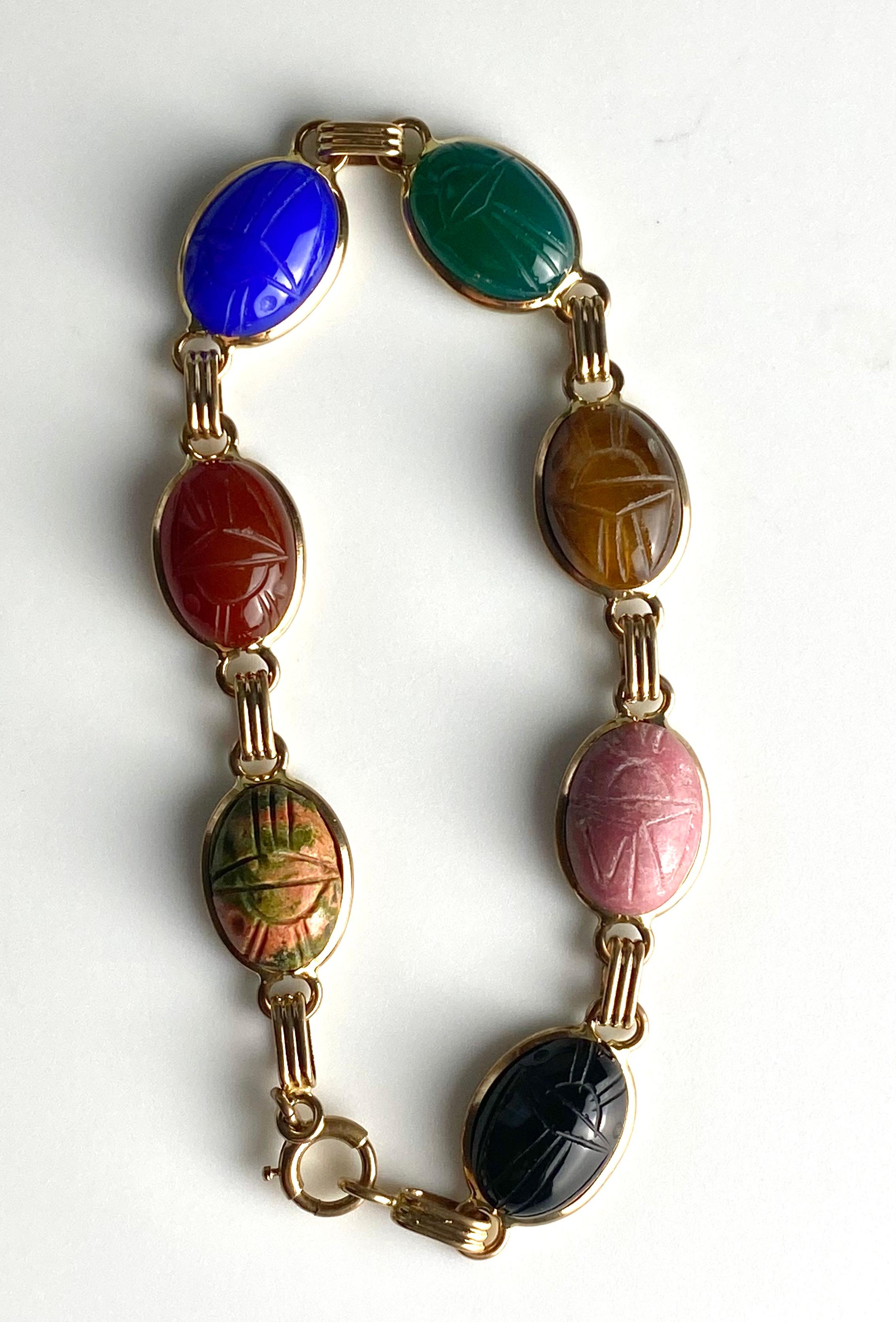 14K Yellow Gold Vibrant Carved Gemstones Scarab Bracelet 7 Inch For Sale 5