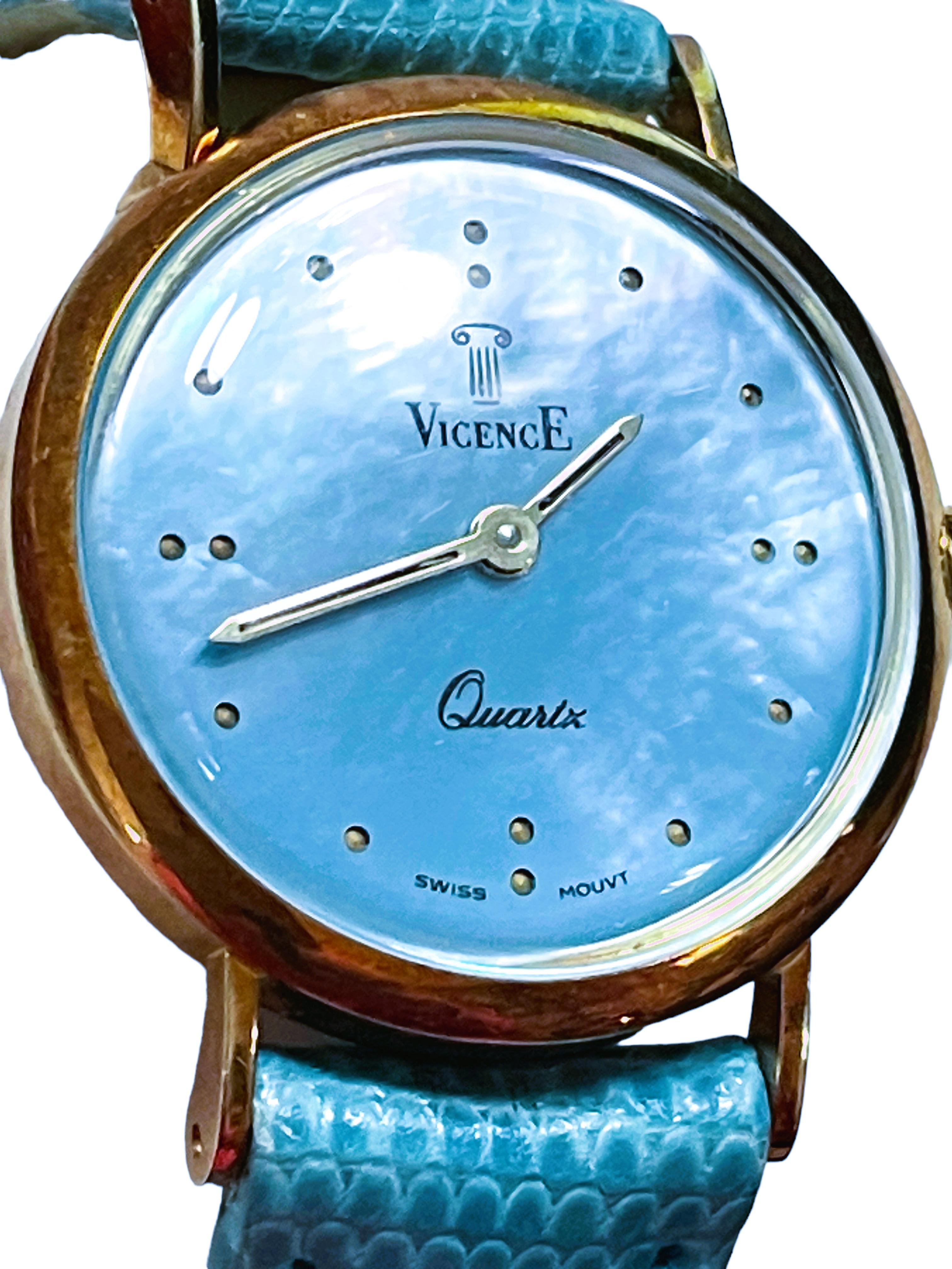 14k Yellow Gold Vicense Blue Pearlized Ladies Quartz Watch with Leather Band For Sale 2