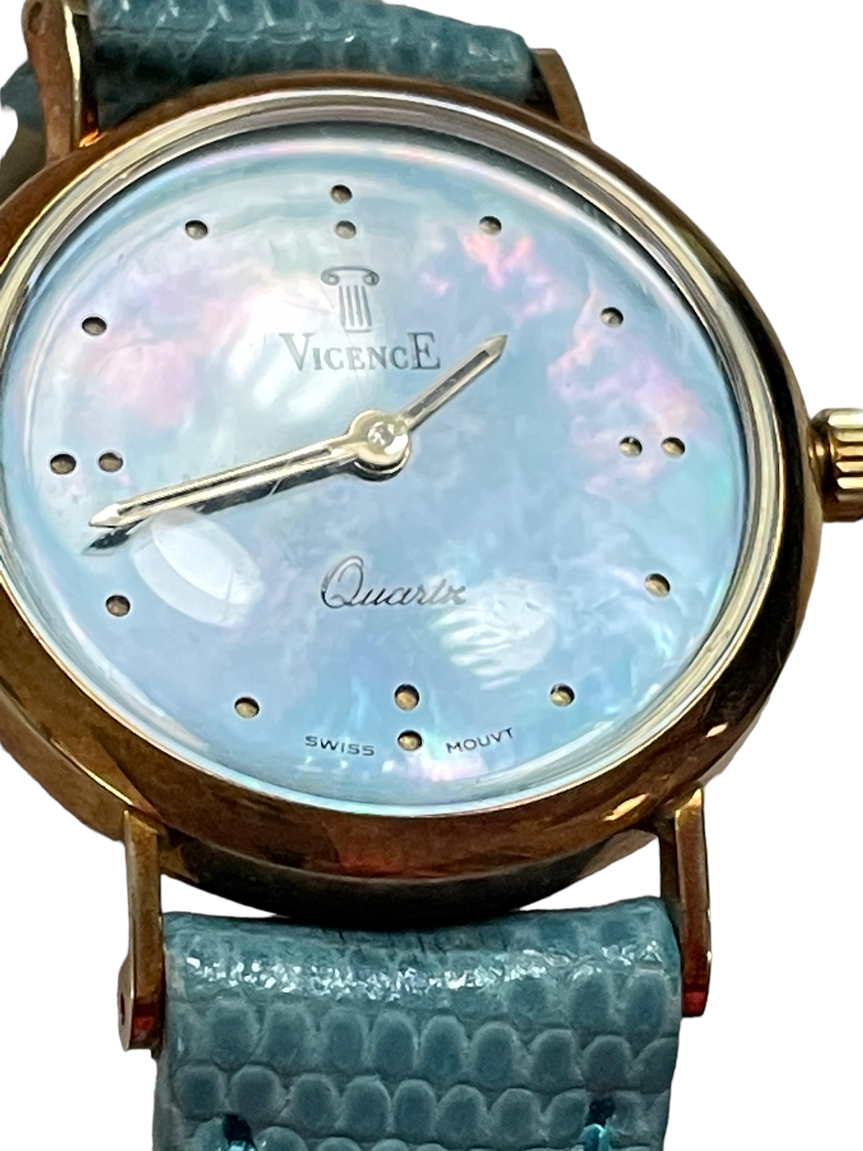 14k Yellow Gold Vicense Blue Pearlized Ladies Quartz Watch with Leather Band For Sale 3
