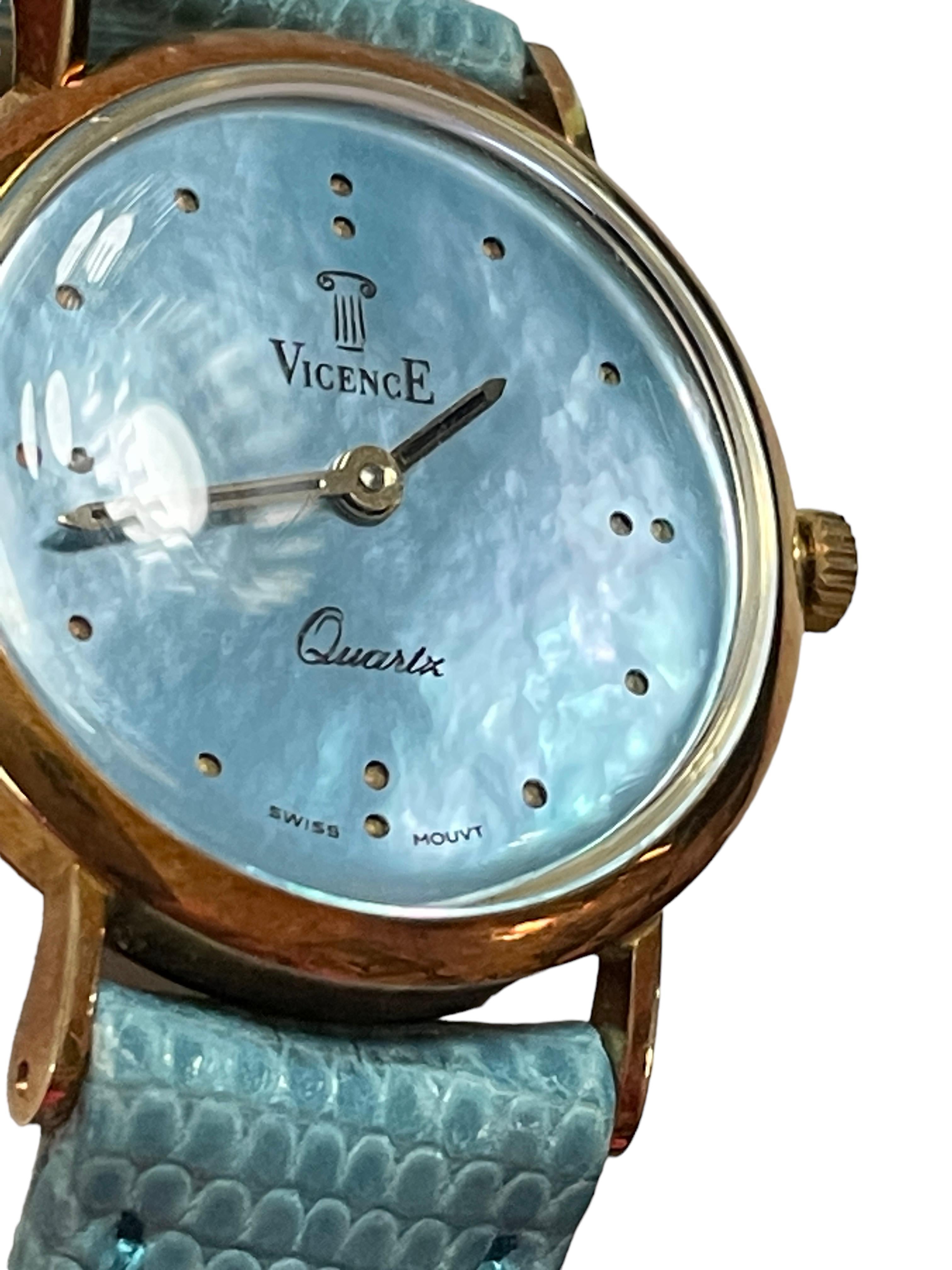 14k Yellow Gold Vicense Blue Pearlized Ladies Quartz Watch with Leather Band For Sale 4