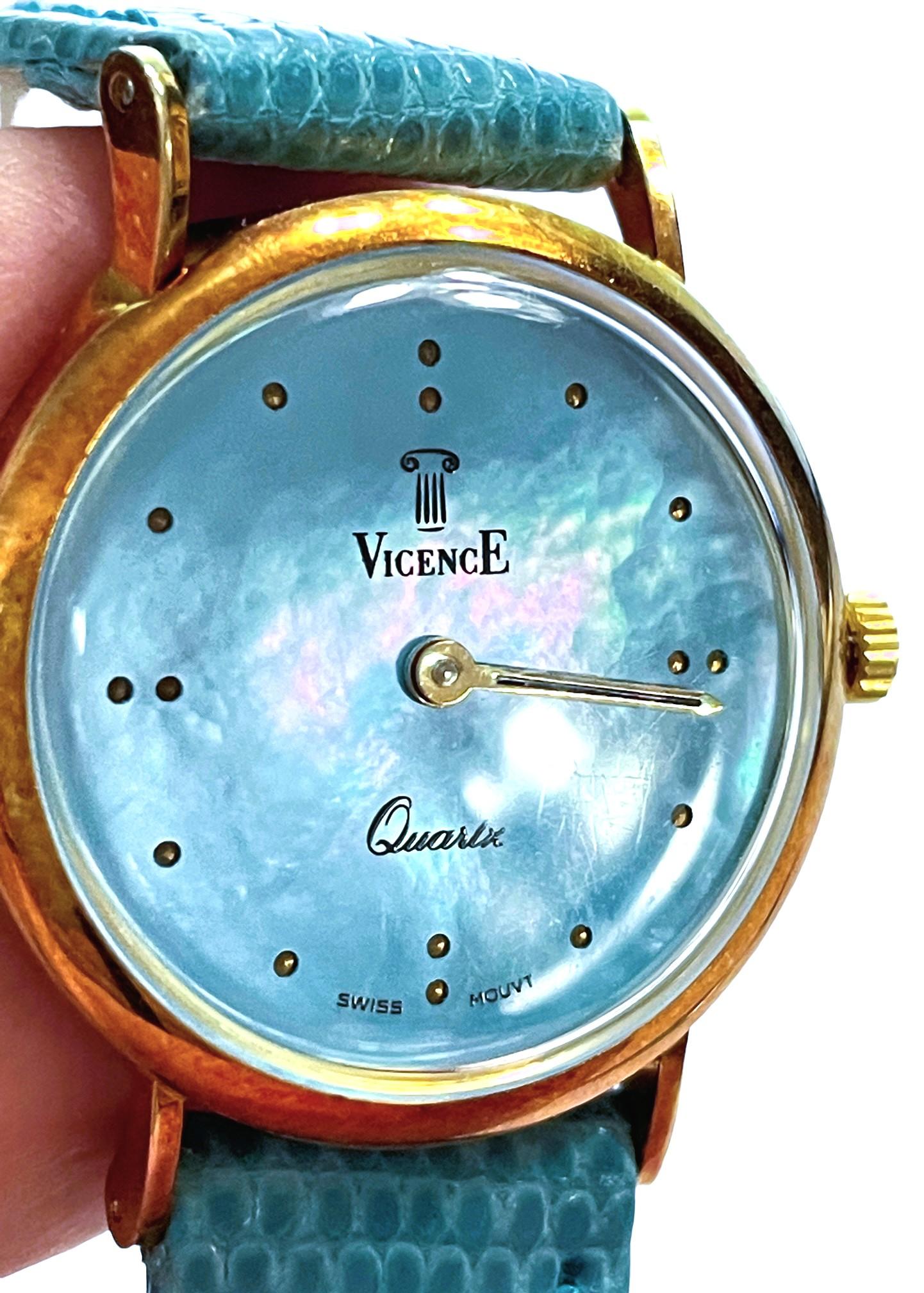 14k Yellow Gold Vicense Blue Pearlized Ladies Quartz Watch with Leather Band For Sale 5