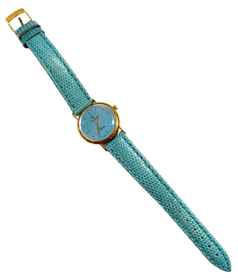 14k Yellow Gold Vicense Blue Pearlized Ladies Quartz Watch with Leather