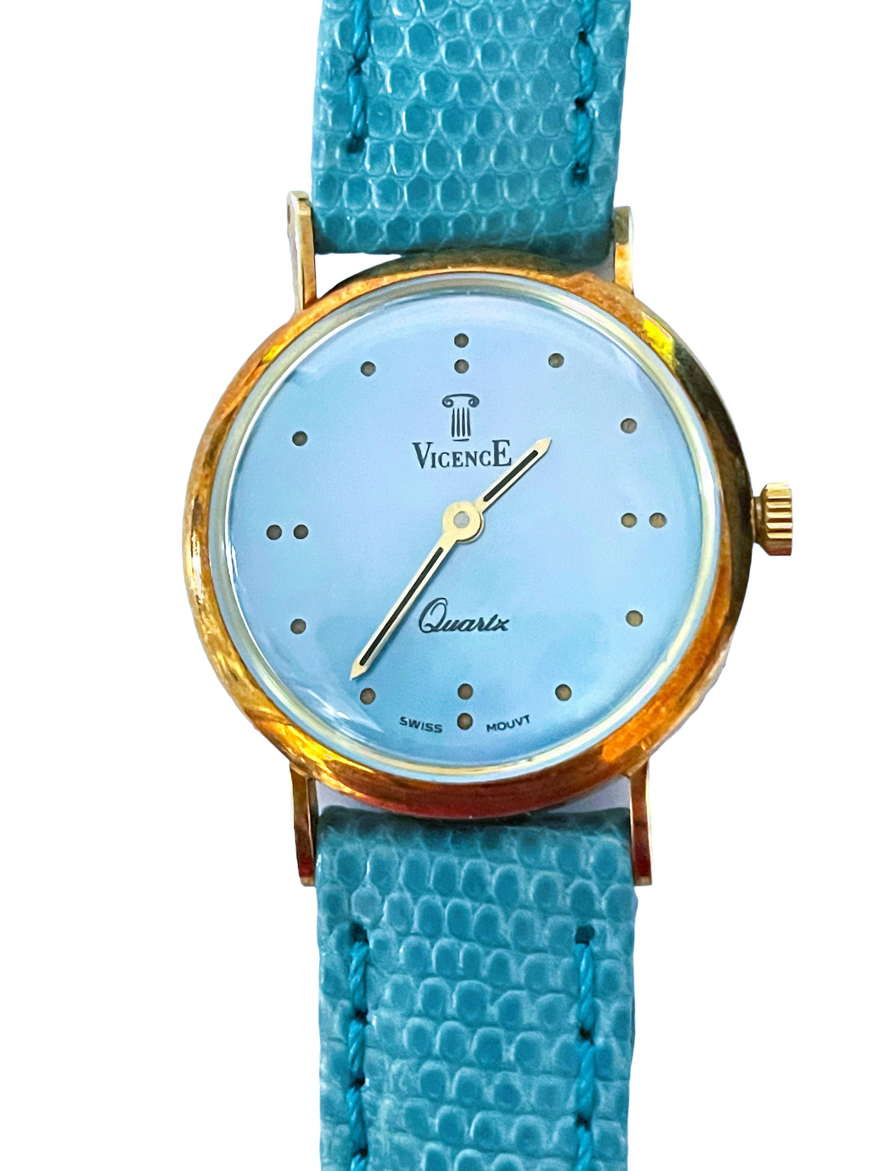 Round Cut 14k Yellow Gold Vicense Blue Pearlized Ladies Quartz Watch with Leather Band For Sale