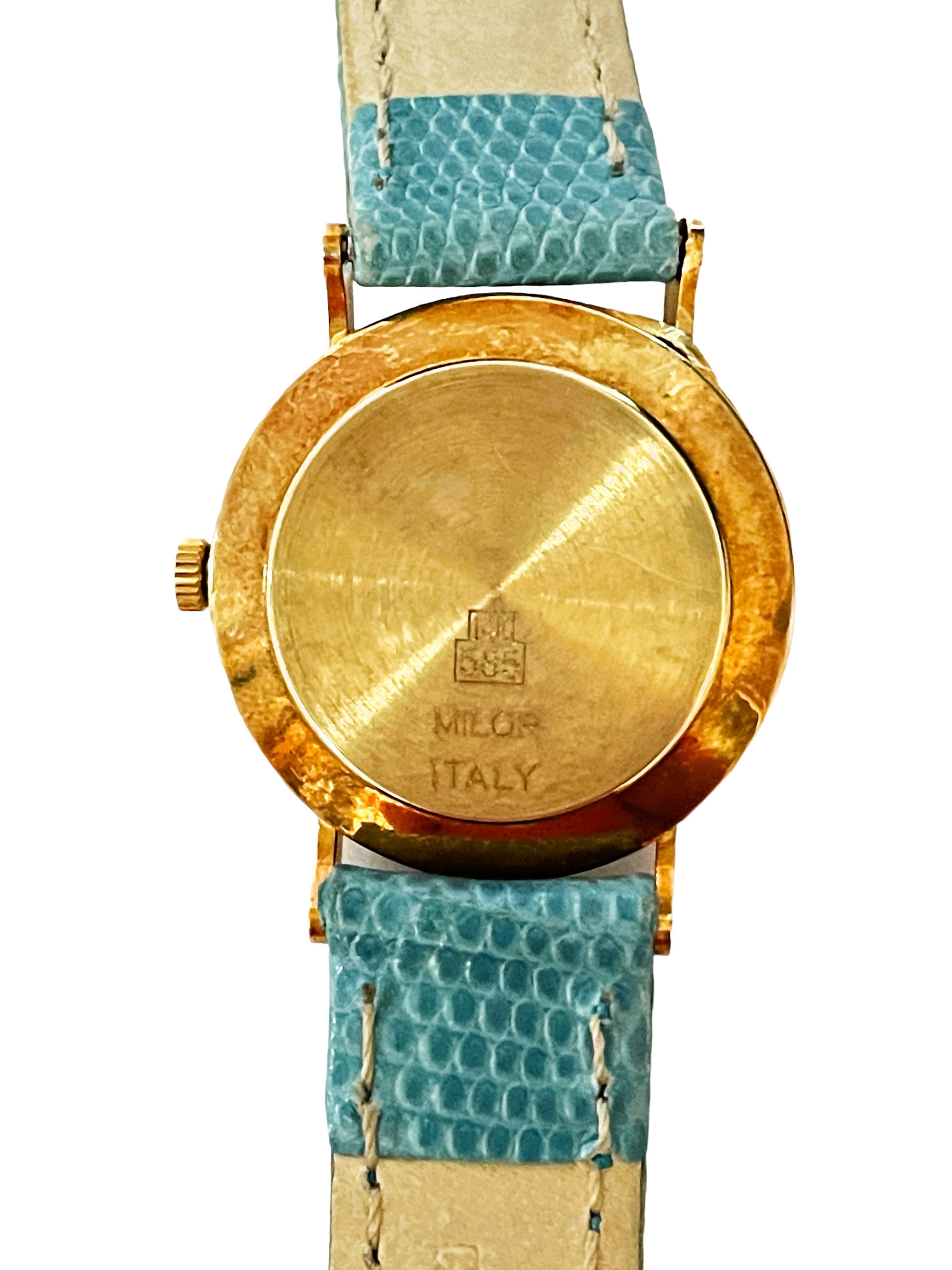 Women's 14k Yellow Gold Vicense Blue Pearlized Ladies Quartz Watch with Leather Band For Sale